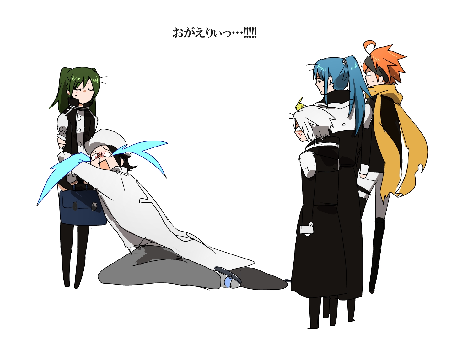 shumiko (kamenokoueki), allen walker, kanda yuu, komui lee, lavi, lenalee lee, timcanpy, d.gray-man, commentary request, 1girl, 4boys, ahoge, bag, black boots, black coat, black hair, black headband, black jacket, black order uniform, black pants, black skirt, blank eyes, blue bag, blue hair, blush, boots, brother and sister, closed eyes, coat, collared jacket, creature, creature on head, crying, facial mark, facing another, glasses, green hair, grey pants, grey shirt, hair between eyes, hat, headband, high ponytail, holding, holding bag, hood, hood down, hooded coat, hug, jacket, kneeling, long coat, long hair, long sleeves, looking at another, miniskirt, multiple boys, open clothes, open coat, open mouth, orange hair, pants, parted lips, ponytail, scar, scar on face, scarf, shirt, short hair, siblings, sidelocks, simple background, skirt, spiked hair, streaming tears, striped clothes, striped coat, striped jacket, sweat, sweatdrop, tears, thigh boots, thigh strap, twintails, vertical-striped clothes, vertical-striped jacket, white background, white coat, white hair, white hat, white pants, yellow scarf