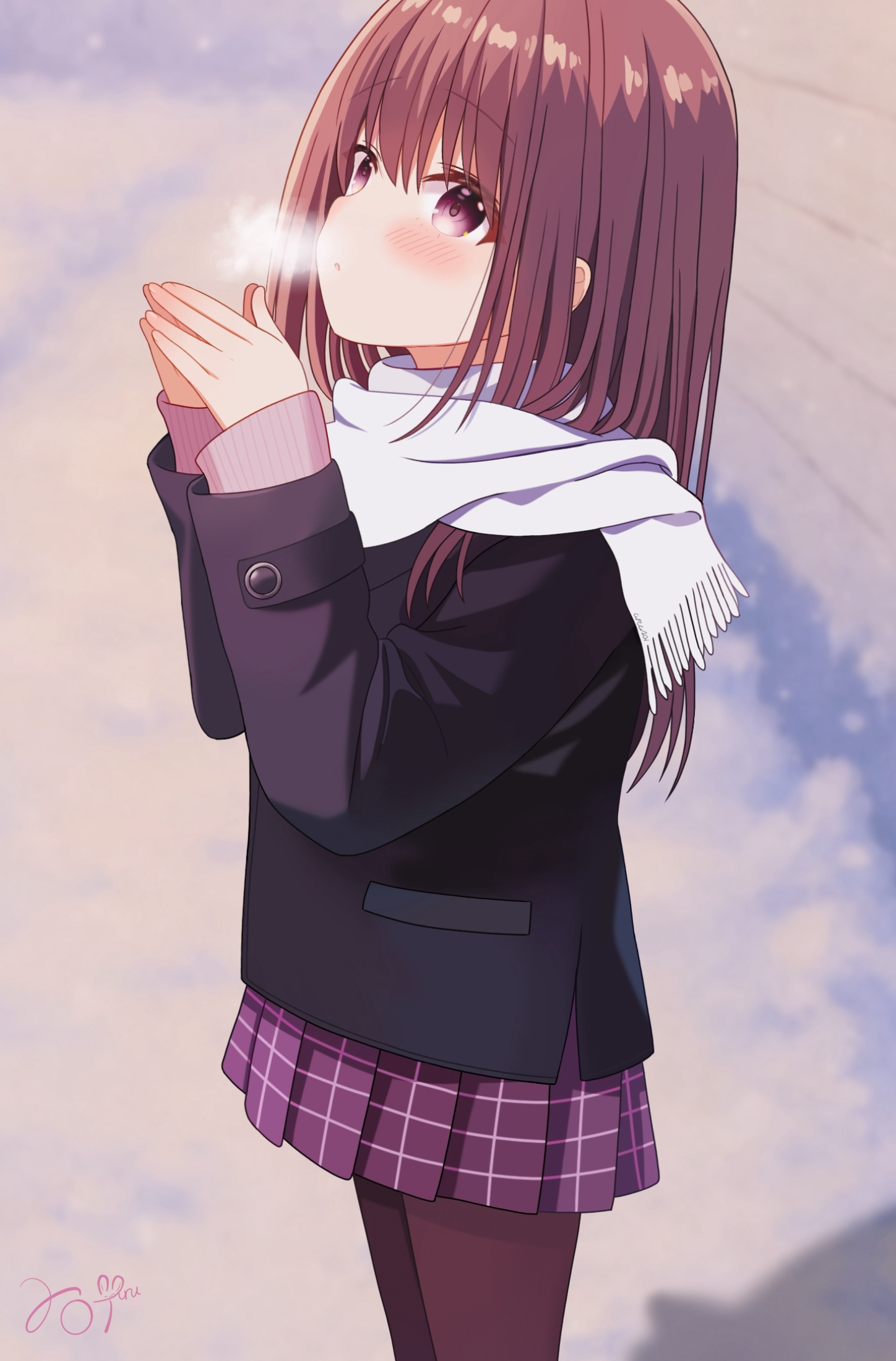 uru aoi23, original, commentary request, highres, 1girl, black jacket, black pantyhose, blurry, blurry background, blush, brown hair, brown skirt, cowboy shot, hands up, jacket, long hair, long sleeves, miniskirt, outdoors, pantyhose, parted lips, pleated skirt, red eyes, scarf, school uniform, signature, skirt, solo, white scarf, winter, winter clothes
