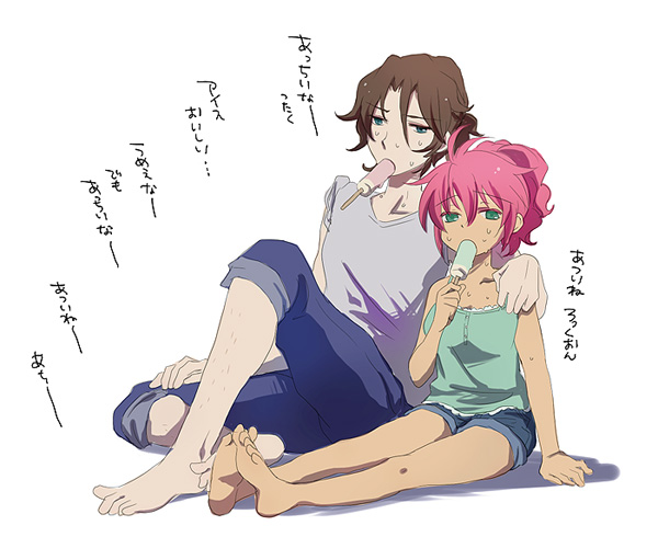 plum (arch), feldt grace, lockon stratos, gundam, gundam 00, 00s, barefoot, blue eyes, brown hair, denim, denim shorts, feet, green eyes, jeans, pants, pink hair, ponytail, popsicle, shorts, sitting, summer, sweat, tank top