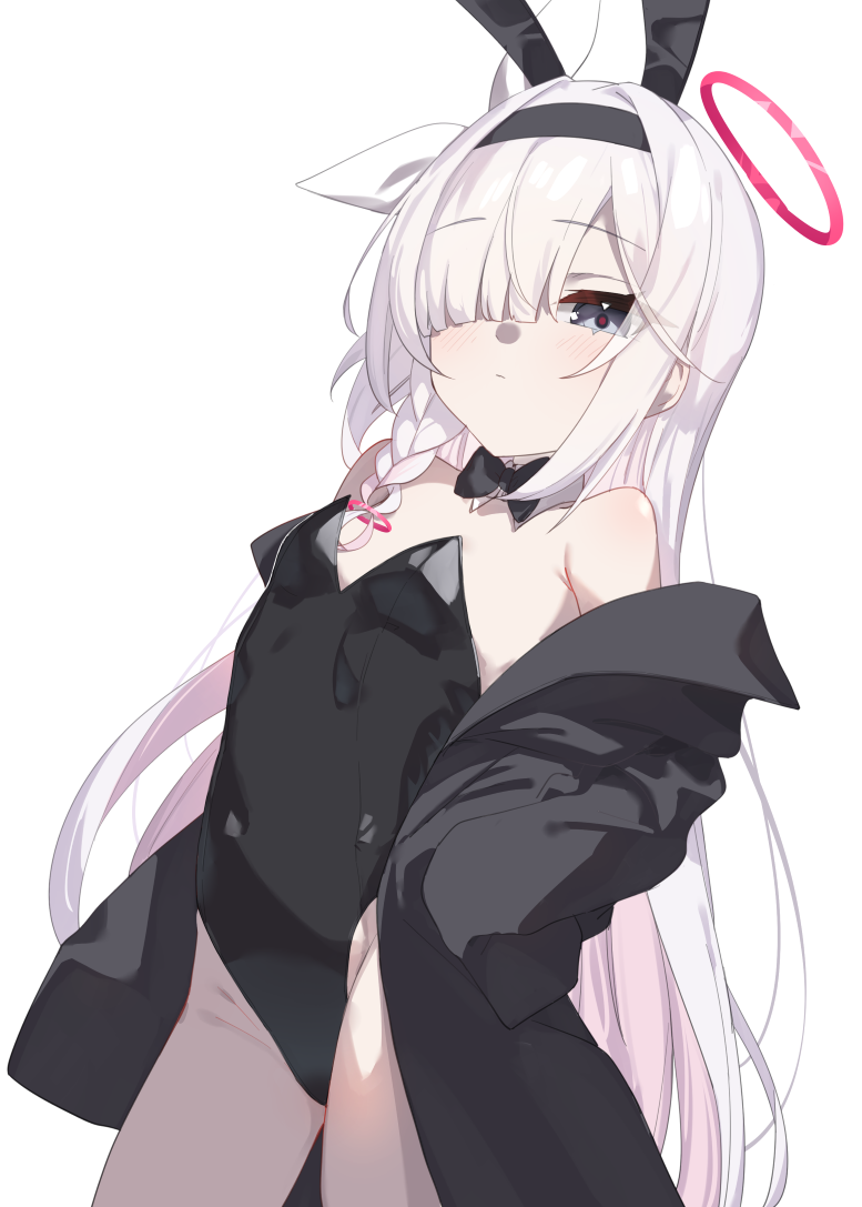 monyosato, plana (blue archive), blue archive, commentary, commentary request, alternate costume, animal ears, black hairband, black jacket, black leotard, braid, closed mouth, colored inner hair, flat chest, grey eyes, grey hair, hair over one eye, hairband, halo, jacket, leotard, long hair, looking at viewer, multicolored hair, pink hair, playboy bunny, rabbit ears, red halo, red pupils, simple background, single braid, two-tone hair, white background