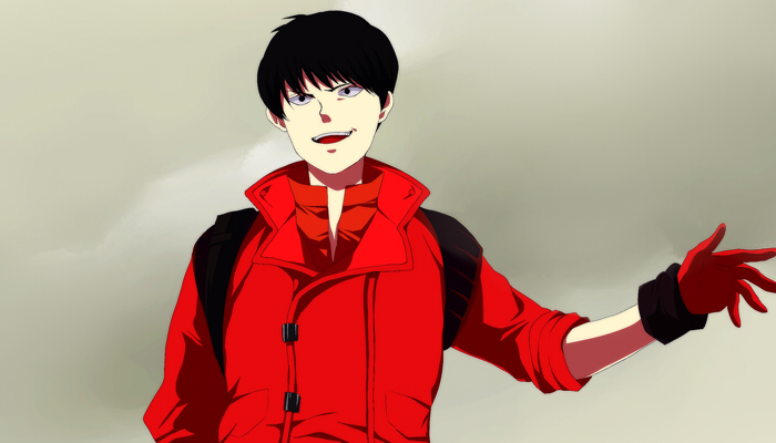 harano, kaneda shoutarou (akira), akira (manga), 1980s (style), 1boy, black hair, gloves, gradient background, grin, male focus, oldschool, retro artstyle, short hair, smile, solo