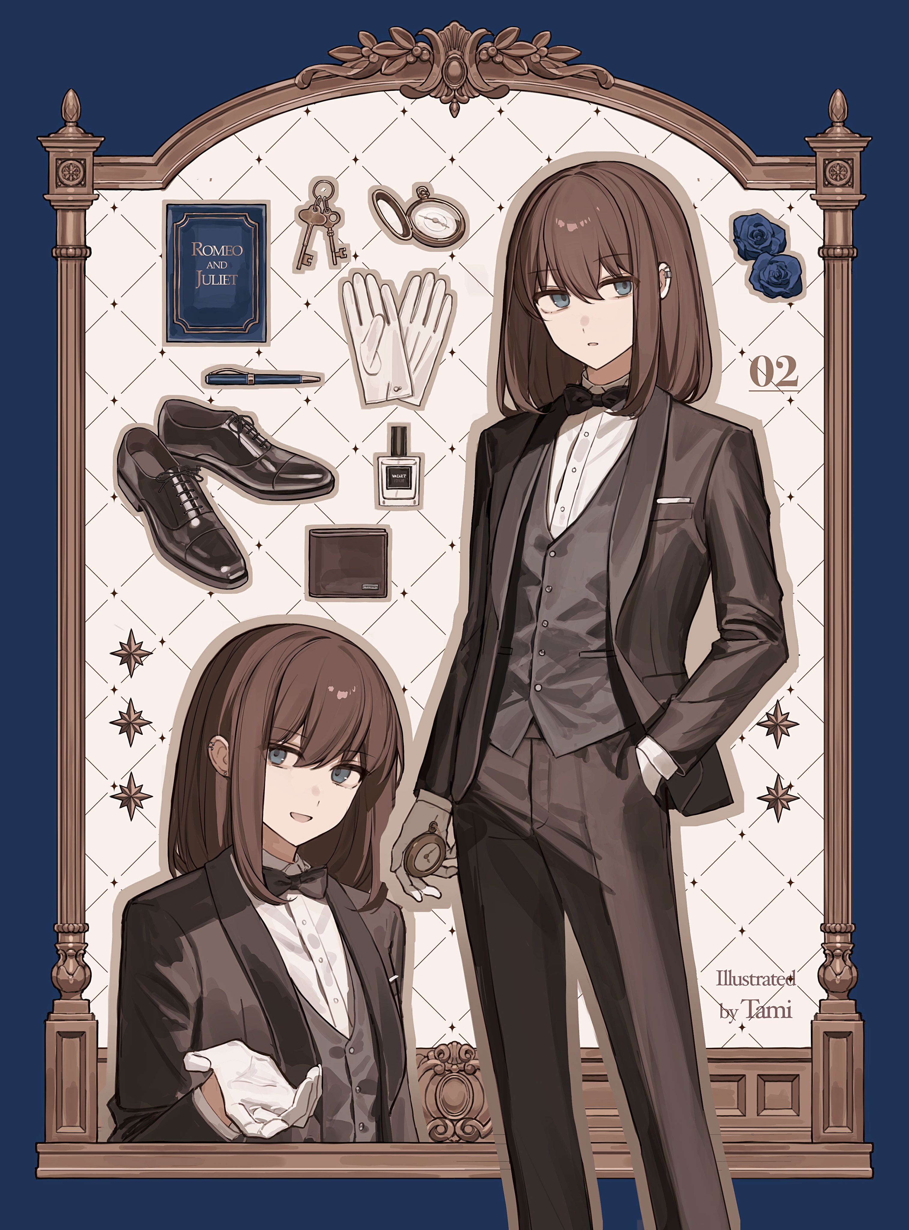 tamitami, original, absurdres, commentary, highres, 1girl, :d, black bow, black bowtie, black shoes, black vest, blue border, blue flower, blue rose, border, bow, bowtie, brown hair, brown jacket, brown outline, brown pants, buttons, collared shirt, cross-laced shoes, feet out of frame, flower, gloves, green eyes, hair between eyes, hand in pocket, hand up, jacket, long sleeves, looking at viewer, medium hair, multiple views, open clothes, open jacket, open mouth, outline, outside border, pants, parted lips, rose, shirt, shoes, smile, standing, vest, white background, white gloves, white shirt