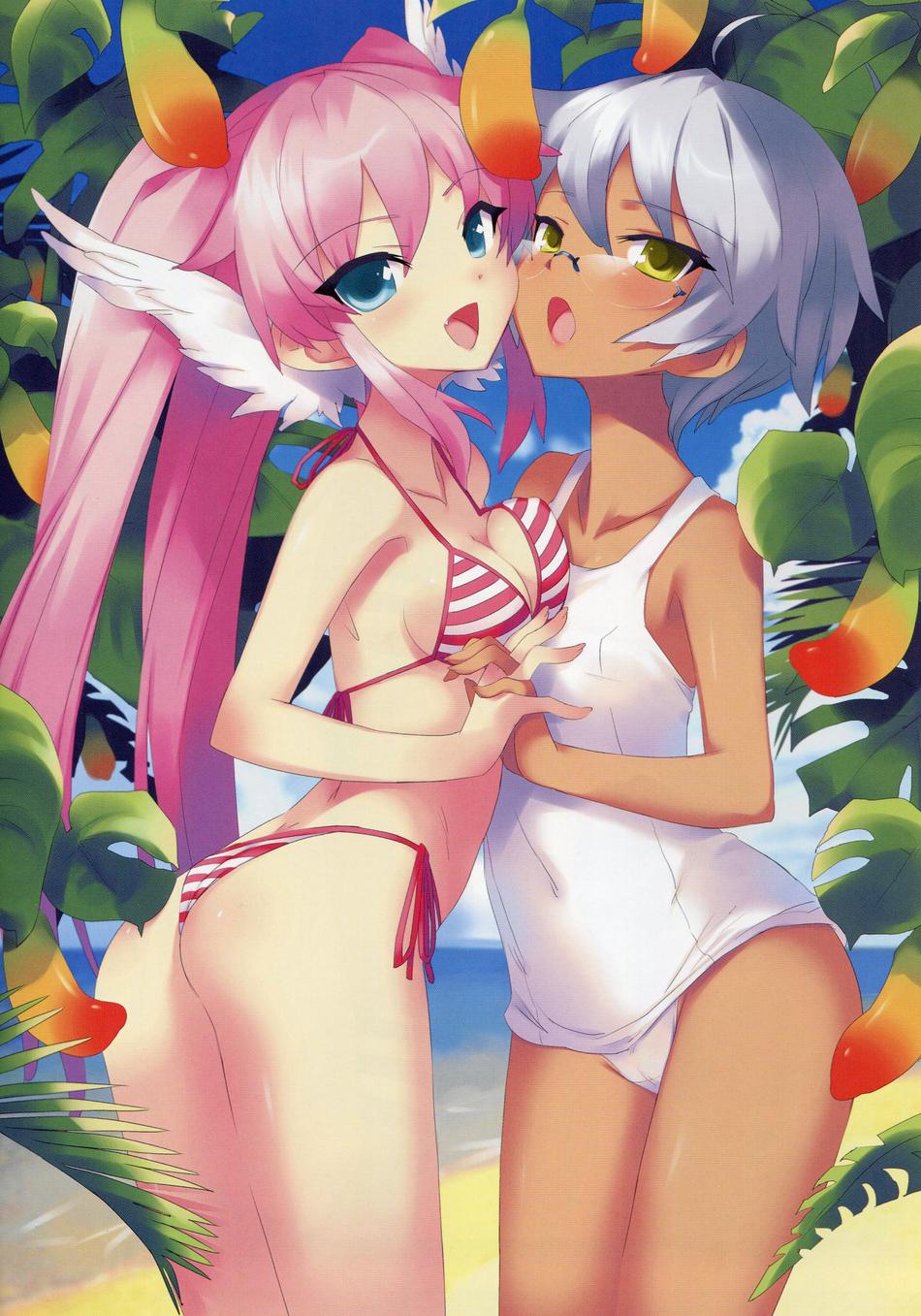 usatsuka eiji, kanata gramilyd, nagi everbright, angel magister, highres, 2girls, beach, bikini, blue eyes, dark-skinned female, dark skin, glasses, multiple girls, open mouth, pink hair, swimsuit, white hair, wings, yellow eyes