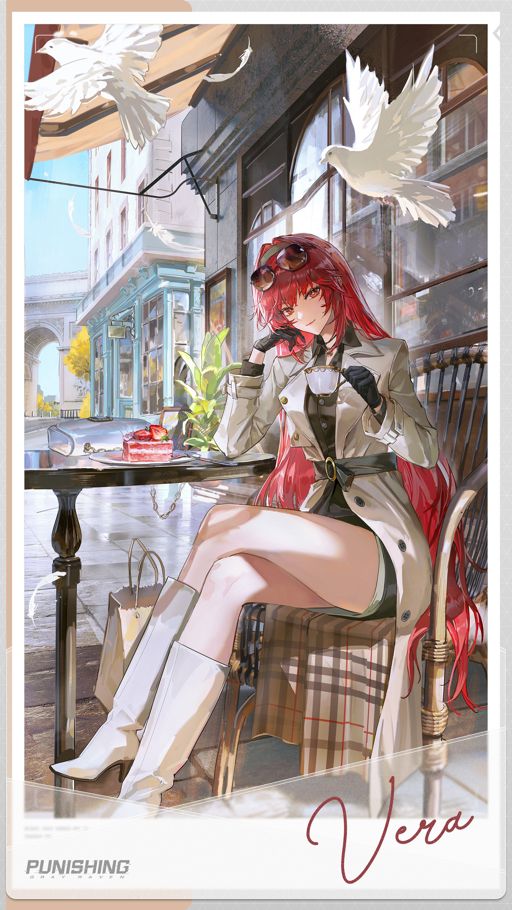 vera (pgr), punishing: gray raven, absurdres, commentary, english commentary, highres, official art, 1girl, arms up, bag, bird, black dress, black gloves, boots, brick floor, brown coat, brown hairband, building, buttons, cake, chain, chair, character name, closed mouth, coat, collared dress, crossed legs, cup, day, dress, eyewear on head, feathers, food, gloves, hair intakes, hairband, hand on own face, handbag, high heel boots, high heels, holding, holding cup, jewelry, legs together, light smile, long hair, long sleeves, looking at viewer, mole, mole under eye, necklace, outdoors, paper bag, picture frame, plaid clothes, plaid coat, plant, plate, potted plant, red eyes, red hair, sitting, solo, spoon, strawberry shortcake, sunglasses, table, teacup, tree, very long hair, white bag, white boots, window