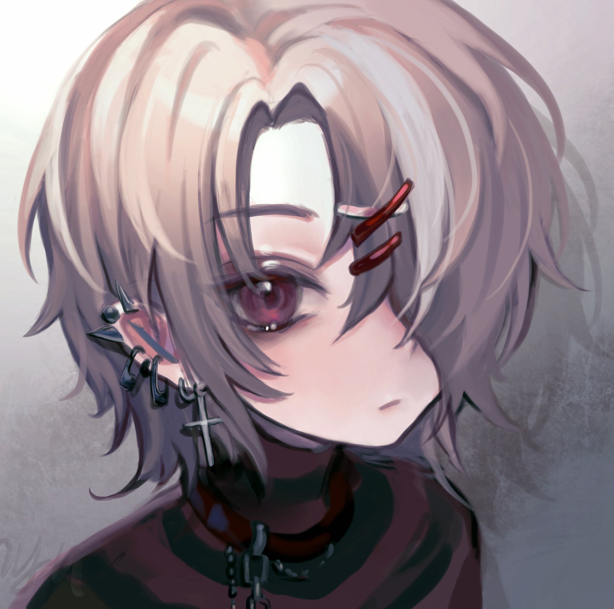 cloud (lufaeris), original, commentary, english commentary, highres, 1boy, brown eyes, brown shirt, closed mouth, cross, cross earrings, ear piercing, earrings, grey hair, hair ornament, hair over one eye, jewelry, looking at viewer, male focus, multiple piercings, one eye covered, parted bangs, piercing, portrait, shirt, short hair, solo, striped clothes, striped shirt, x hair ornament