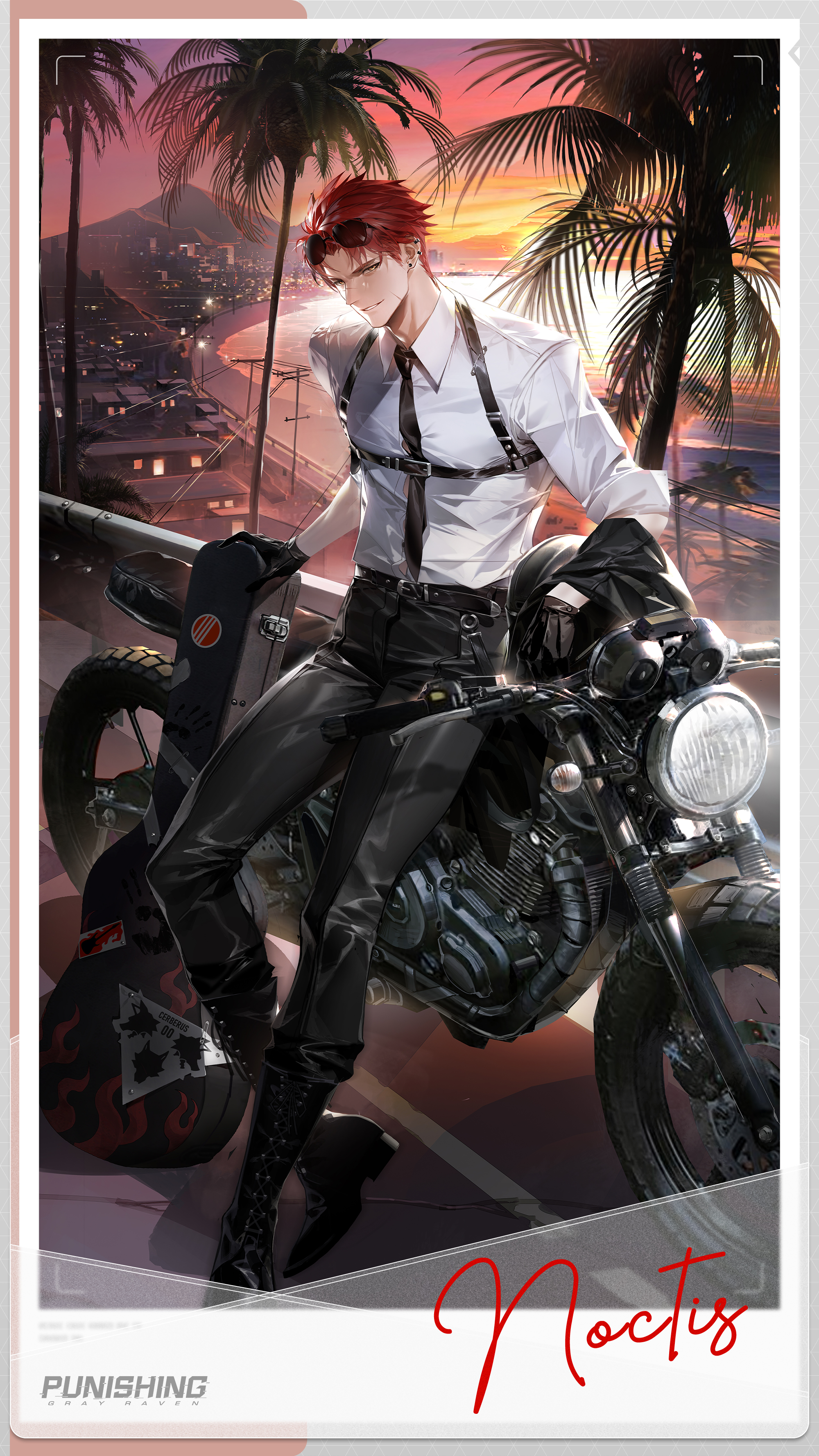noctis (pgr), punishing: gray raven, absurdres, commentary, english commentary, highres, official art, 1boy, belt, belt buckle, black belt, black boots, black gloves, black jacket, black necktie, black pants, boots, buckle, character name, collared shirt, earrings, eyewear on head, full body, gloves, guitar case, harness, house, instrument case, jacket, jacket on arm, jewelry, lace-up boots, looking at viewer, male focus, motor vehicle, motorcycle, mountain, necktie, on motorcycle, outdoors, palm tree, pants, parted lips, picture frame, piercing, railing, red hair, road, scar, scar on face, shirt, shirt tucked in, short hair, sitting, sleeves rolled up, smile, solo, sunglasses, sunset, tree, unworn jacket, white shirt, yellow eyes