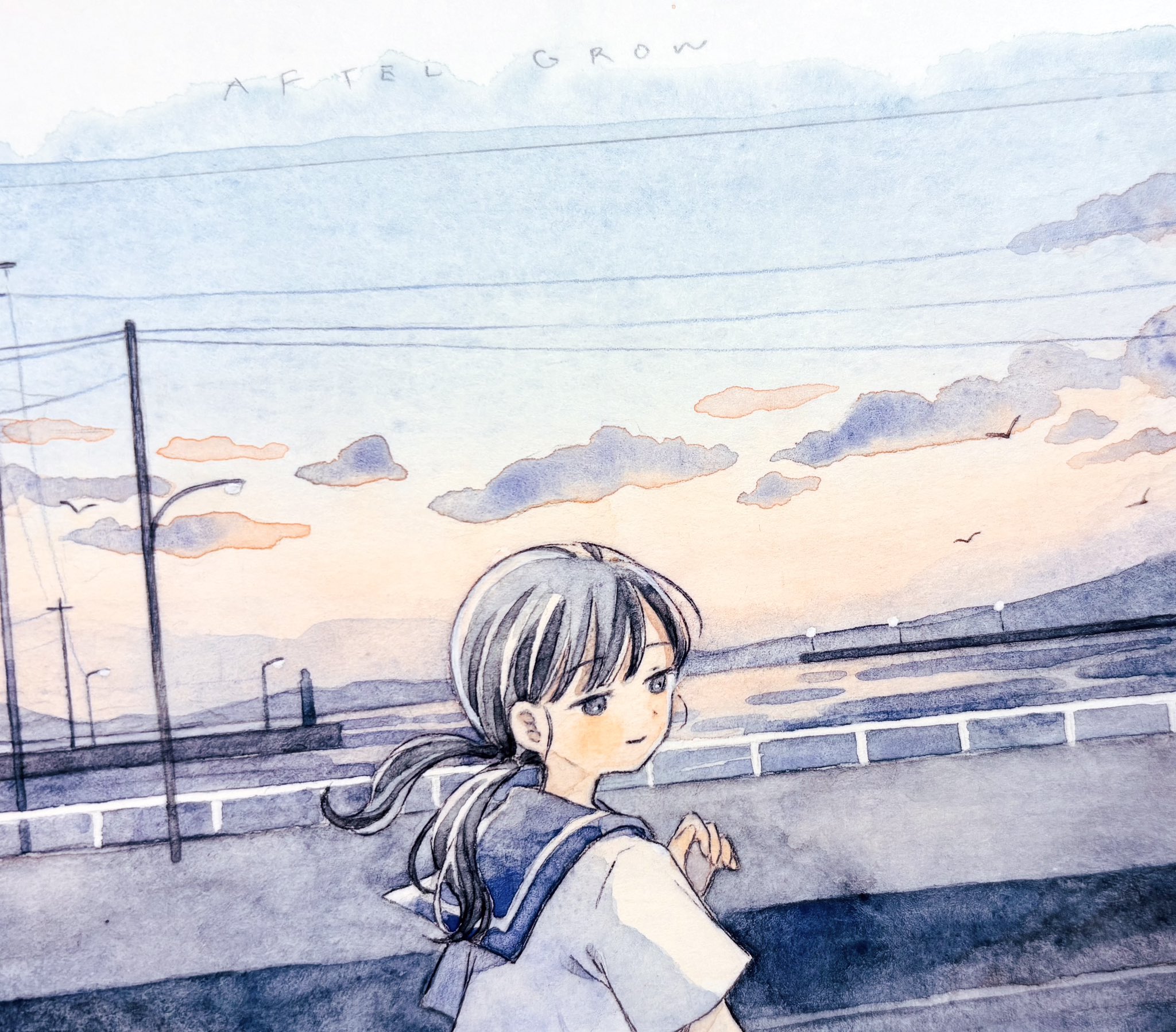 chyoma, original, hashtag-only commentary, highres, painting (medium), traditional media, watercolor (medium), 1girl, bird, black eyes, black hair, blue sailor collar, blue sky, closed mouth, cloud, floating hair, from side, gradient sky, guard rail, hand up, lamppost, looking to the side, mountainous horizon, orange sky, power lines, road, sailor collar, sailor shirt, shirt, sky, smile, solo, sunset, swept bangs, title, twintails, upper body, utility pole, water, white shirt