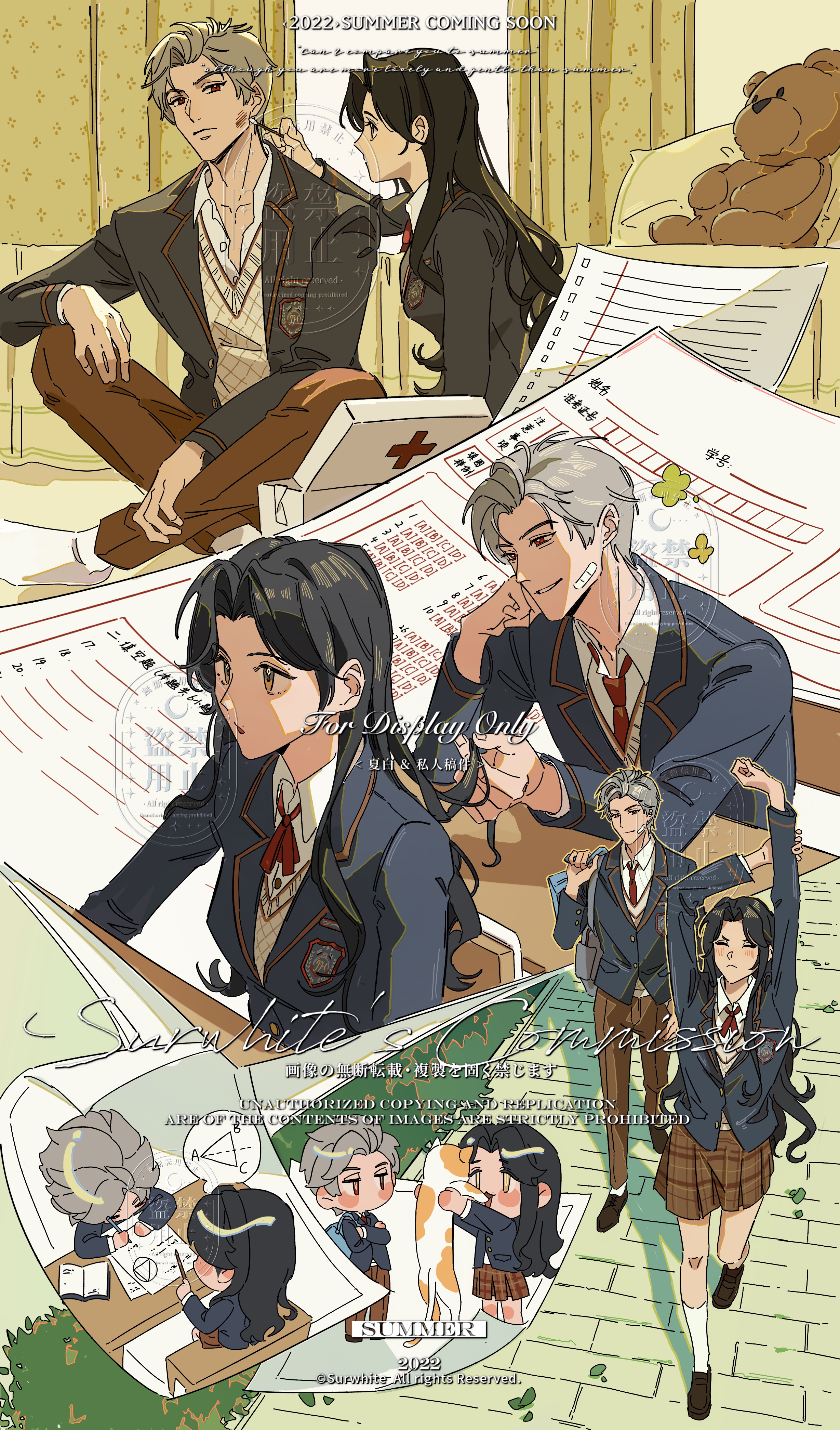 absurdres, commentary, english commentary, highres, bandaid, black hair, dress shoes, flat color, multiple views, necktie, panda, red eyes, vest, walking, white hair, xiabai