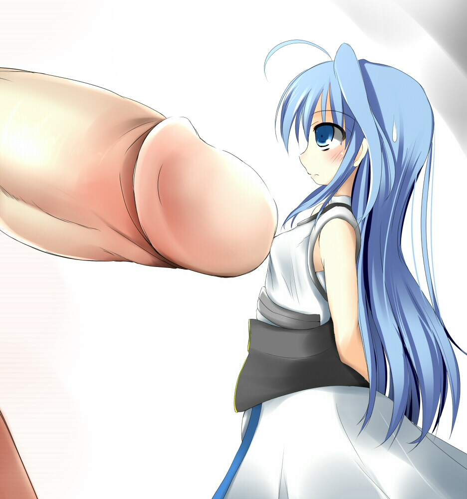 shikano sumiaki, reinforce zwei, lyrical nanoha, mahou shoujo lyrical nanoha, mahou shoujo lyrical nanoha strikers, breast poke, bad id, bad pixiv id, 00s, 1boy, 1girl, ahoge, arms behind back, blue eyes, blue hair, blush, breasts, gigantic penis, hetero, koonago, loli, long hair, mini person, minigirl, naizuri, paizuri, penis, poking, size difference, sleeveless, small breasts, solo focus, sweatdrop, uncensored