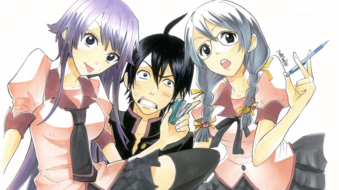 yoshikawa miki, araragi koyomi, hanekawa tsubasa, senjougahara hitagi, bakemonogatari, monogatari (series), nekomonogatari, anime screenshot, 00s, 10s, 1boy, 2girls, ahoge, black hair, braid, glasses, hair ribbon, long hair, multiple girls, necktie, purple hair, ribbon, school uniform, skirt, stapler, thighhighs, twin braids, zettai ryouiki