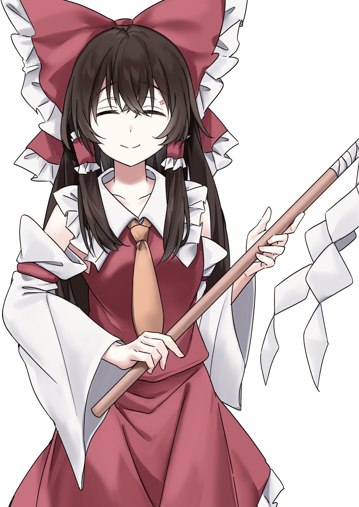 ramiki (ramiki 3), hakurei reimu, touhou, commentary request, highres, 1girl, ^ ^, anger vein, bare shoulders, black hair, bow, closed eyes, collarbone, crossed bangs, detached sleeves, facing viewer, frilled bow, frilled hair tubes, frilled skirt, frills, gohei, hair bow, hair tubes, holding, holding gohei, long hair, necktie, nontraditional miko, red bow, red shirt, red skirt, shirt, simple background, skirt, skirt set, sleeveless, sleeveless shirt, smile, solo, white background, yellow necktie