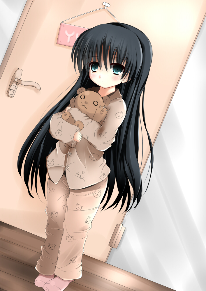 shikano sumiaki, original, bad id, bad pixiv id, 1girl, animal print, aqua eyes, bear print, black hair, blue eyes, blush, child, door, dutch angle, female focus, hug, long hair, pajamas, socks, solo, stuffed animal, stuffed toy, teddy bear