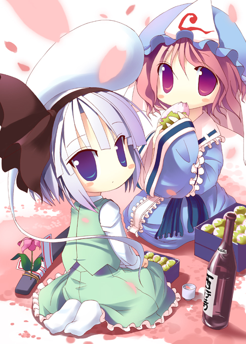 nagomi tozakura, konpaku youmu, konpaku youmu (ghost), saigyouji yuyuko, touhou, silver hair, 2girls, blue eyes, bottle, cherry blossoms, eating, female focus, food, ghost, hairband, hat, katana, mochi, multiple girls, petals, pink hair, red eyes, seiza, sheath, sheathed, short hair, sitting, sword, wagashi, weapon