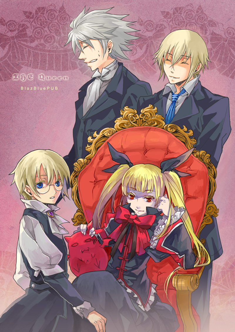 reika kanata, riikkanata, carl clover, gii, kisaragi jin, rachel alucard, ragna the bloodedge, arc system works, blazblue, blazblue: calamity trigger, bad id, bad pixiv id, 1girl, 3boys, blonde hair, gothic lolita, lolita fashion, multiple boys, ribbon, throne, twintails, white hair