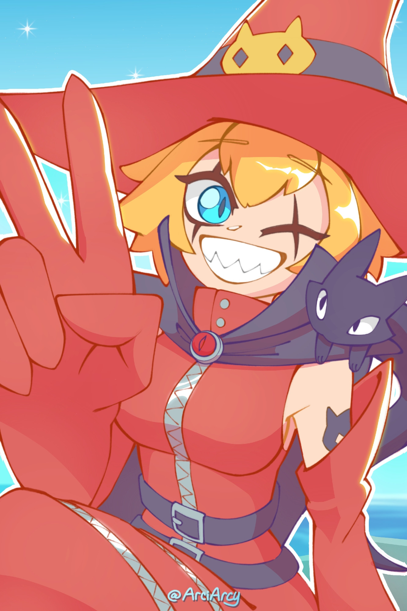 arciarcy, witchmon, digimon, belt, cape, digimon (creature), hat, one eye closed, v, wink, witch, witch hat