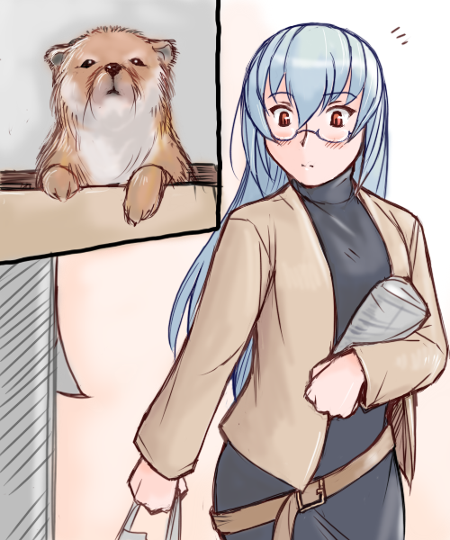 tsuda nanafushi, suigintou, rozen maiden, silver hair, 00s, aged up, belt, casual, dog, glasses, long hair, red eyes, solo