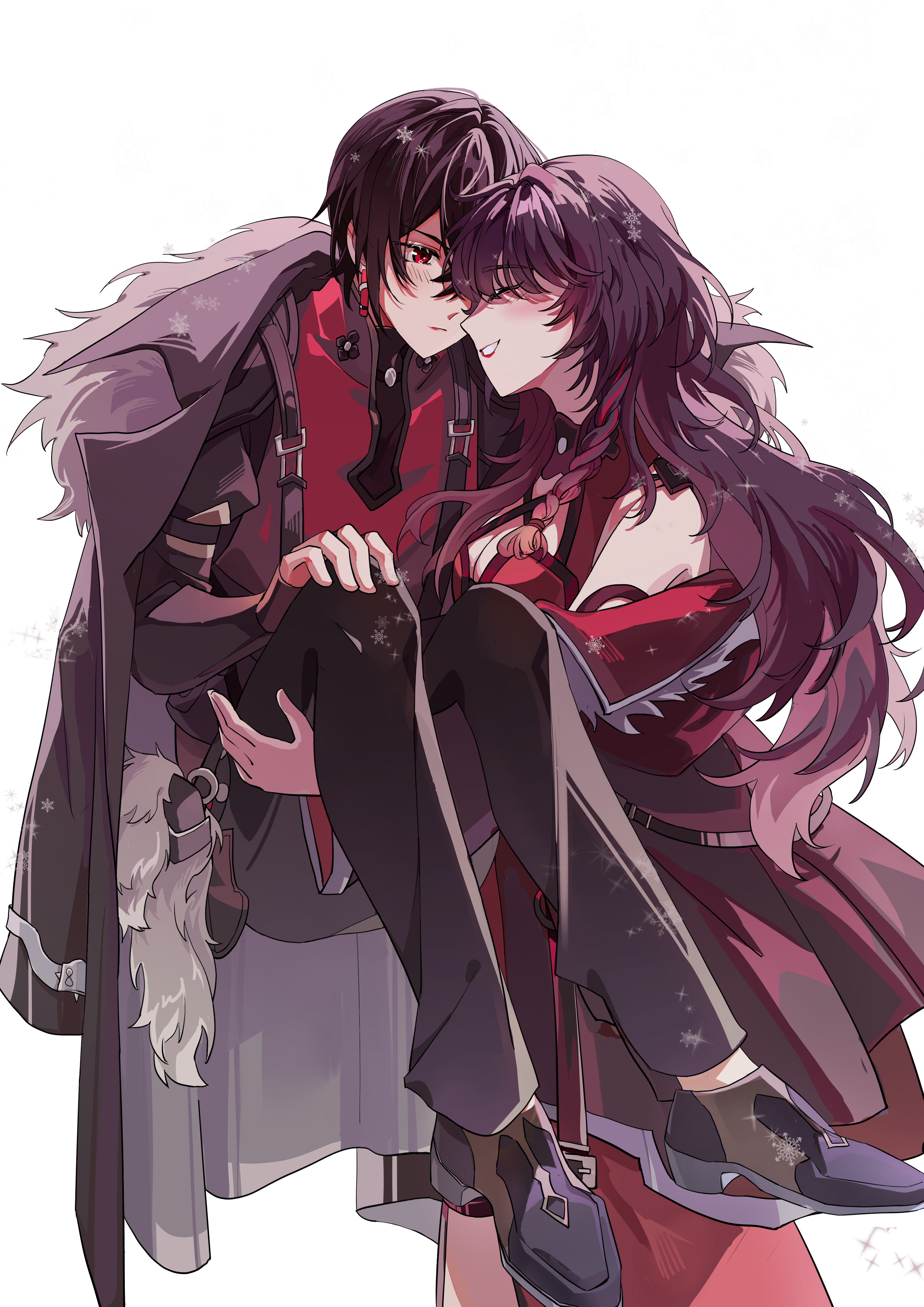 ayn alwyn, ayn alwyn (awakening), heroine (lovebrush chronicles), lovebrush chronicles, absurdres, chinese commentary, commentary request, highres, 1boy, 1girl, ^ ^, bare shoulders, belt charm, black coat, black hair, black jacket, black pants, black shirt, black shoes, braid, breasts, carrying, charm (object), china dress, chinese clothes, cleavage, closed eyes, closed mouth, coat, coat on shoulders, cowboy shot, criss-cross halter, dress, earrings, facing another, from side, full body, fur-trimmed coat, fur trim, grin, hair between eyes, halterneck, hand on own knee, jacket, jewelry, long sleeves, looking at another, male focus, off shoulder, official alternate costume, pants, princess carry, profile, red dress, red eyes, red lips, red vest, reverse princess carry, shirt, shoes, short hair, side braid, simple background, sleeveless, sleeveless dress, sleeves past wrists, smile, snowflakes, standing, suspenders, thigh strap, vest, white background, zhuo nian