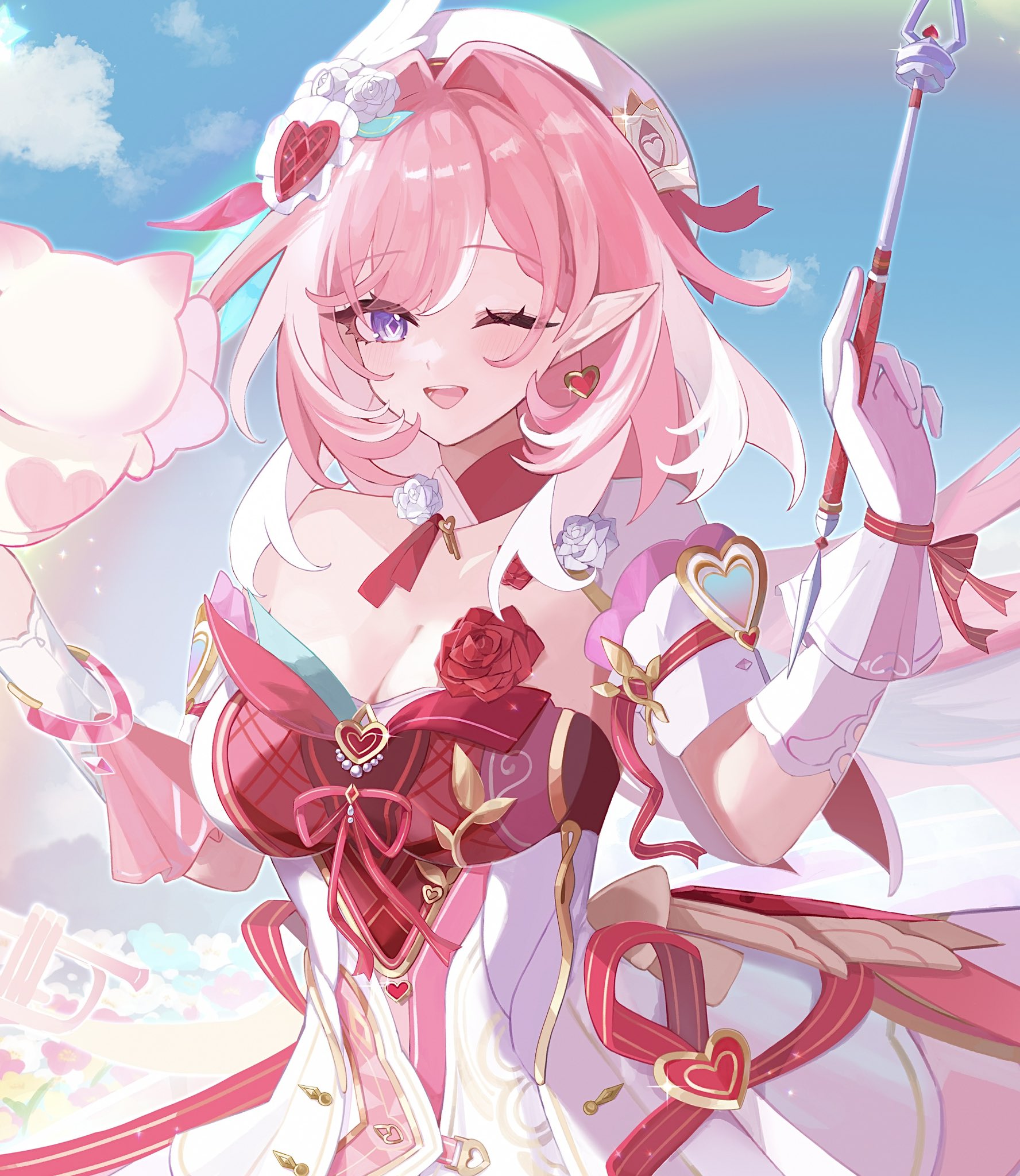 tdatnst, elysia (hi love elf) (honkai impact), elysia (honkai impact), honkai (series), honkai impact 3rd, commentary request, highres, revision, 1girl, ;o, beret, breasts, cleavage, diamond-shaped pupils, diamond (shape), dress, elf, gloves, hat, heart ribbon, holding ribbon baton, large breasts, little messenger (honkai impact), long hair, looking at viewer, multicolored hair, one eye closed, pink hair, pointy ears, purple eyes, red dress, single glove, solo, symbol-shaped pupils, two-tone hair, very long hair, white dress, white gloves, white hair