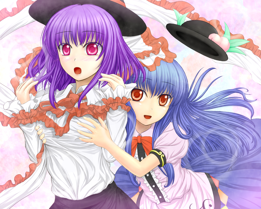 y2, hinanawi tenshi, nagae iku, touhou, 2girls, :o, blue hair, blush, breasts, female focus, grabbing another's breast, groping, hat, long hair, multiple girls, pink eyes, purple eyes, purple hair, red eyes, shawl, short hair