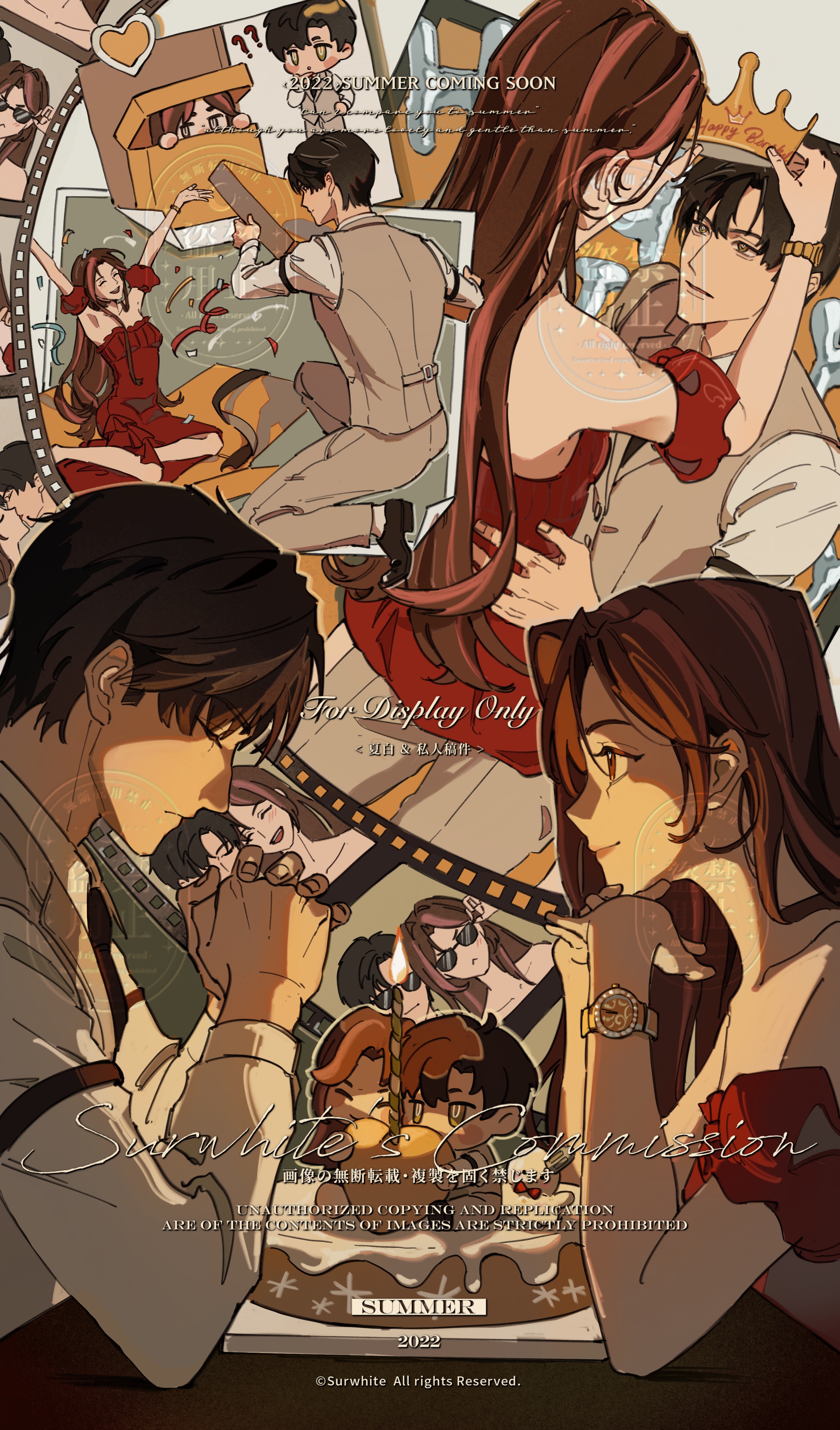 absurdres, commentary, english commentary, highres, birthday, cosplay, costume switch, eye contact, flat color, happy birthday, hug, looking at another, multiple views, necktie, profile, red eyes, red hair, red necktie, vest, watch, wristwatch, xiabai