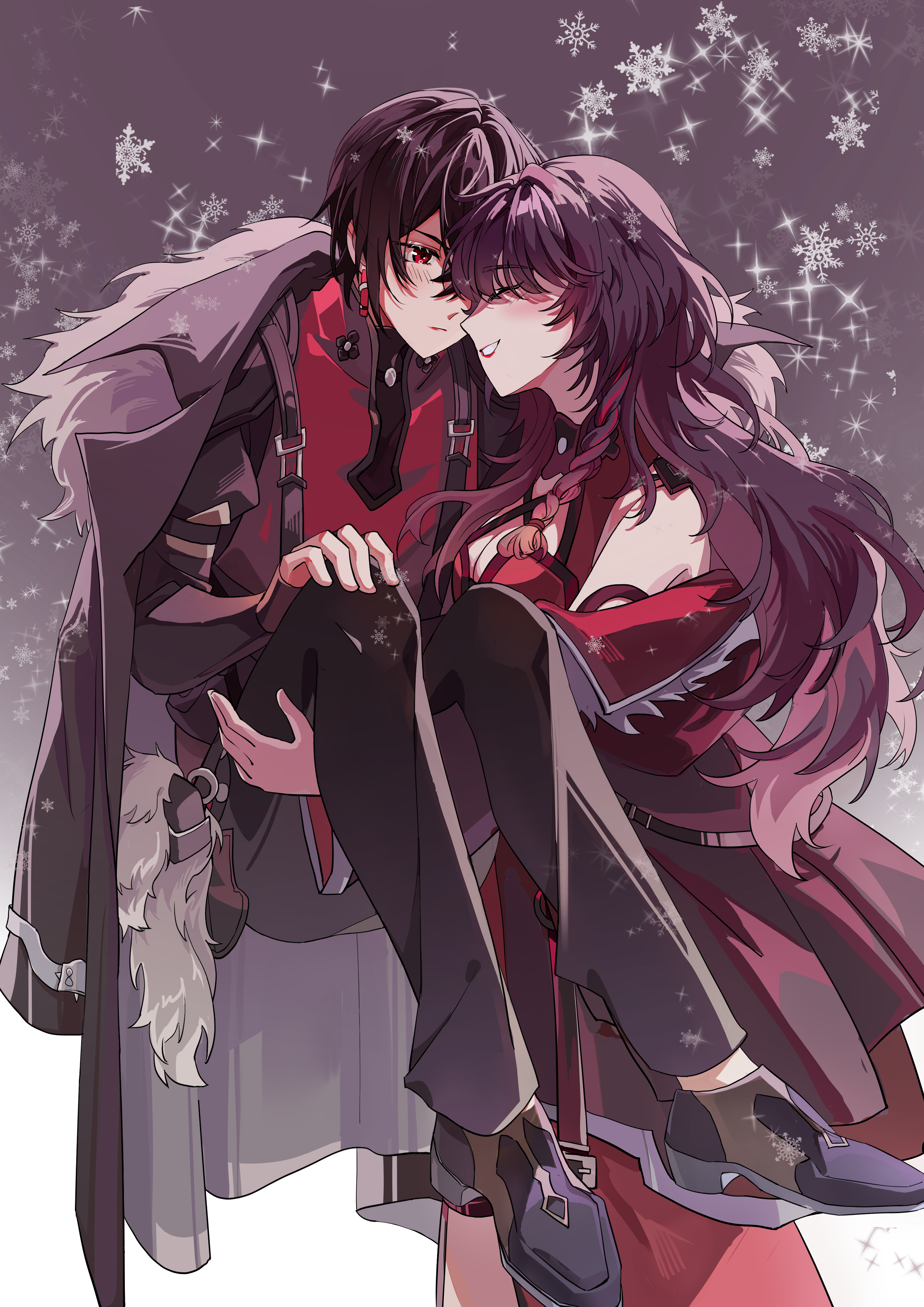 ayn alwyn, ayn alwyn (awakening), heroine (lovebrush chronicles), lovebrush chronicles, absurdres, chinese commentary, commentary request, highres, 1boy, 1girl, ^ ^, bare shoulders, belt charm, black background, black coat, black hair, black jacket, black pants, black shirt, black shoes, braid, breasts, carrying, charm (object), china dress, chinese clothes, cleavage, closed eyes, closed mouth, coat, coat on shoulders, cowboy shot, criss-cross halter, dress, earrings, facing another, from side, full body, fur-trimmed coat, fur trim, gradient background, grin, hair between eyes, halterneck, hand on own knee, jacket, jewelry, long sleeves, looking at another, male focus, off shoulder, official alternate costume, pants, princess carry, profile, red dress, red eyes, red lips, red vest, reverse princess carry, shirt, shoes, short hair, side braid, sleeveless, sleeveless dress, sleeves past wrists, smile, snowflake background, snowflakes, standing, suspenders, thigh strap, transparent background, vest, zhuo nian