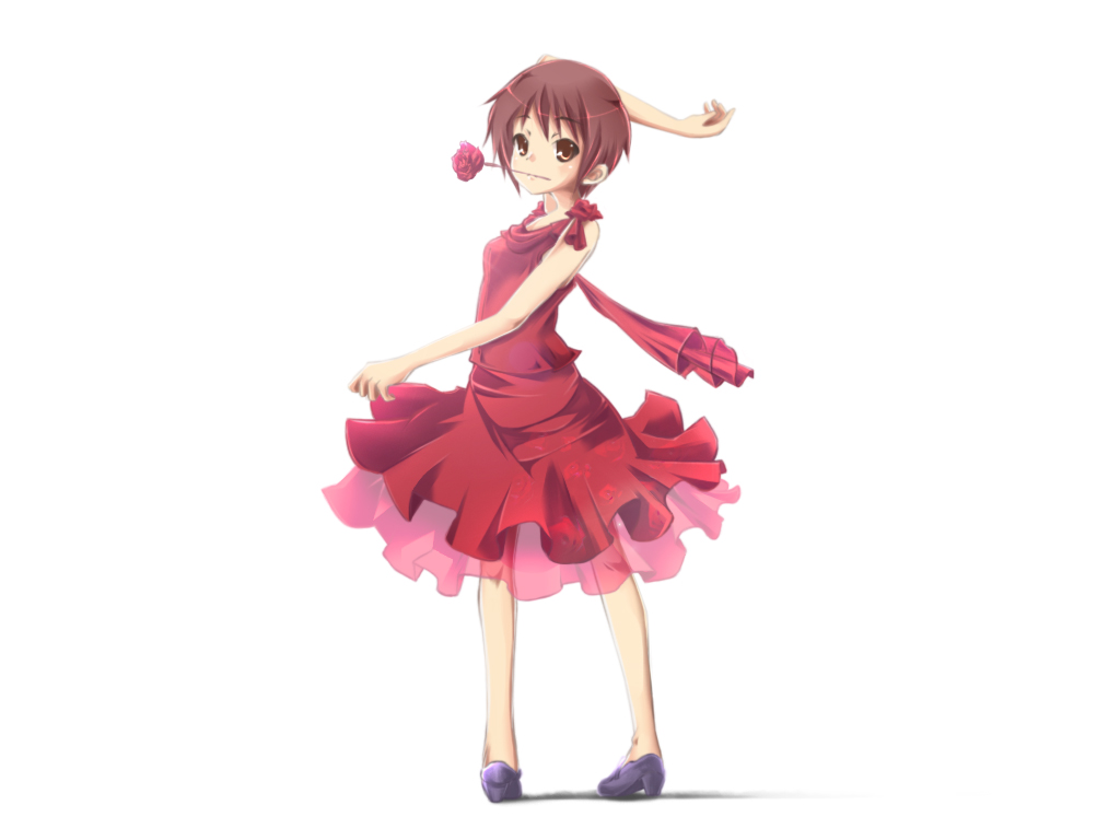 nanabuluku, nagato yuki, suzumiya haruhi no yuuutsu, 00s, 1girl, dress, female focus, flower, mouth hold, red dress, red flower, red rose, red theme, rose, solo