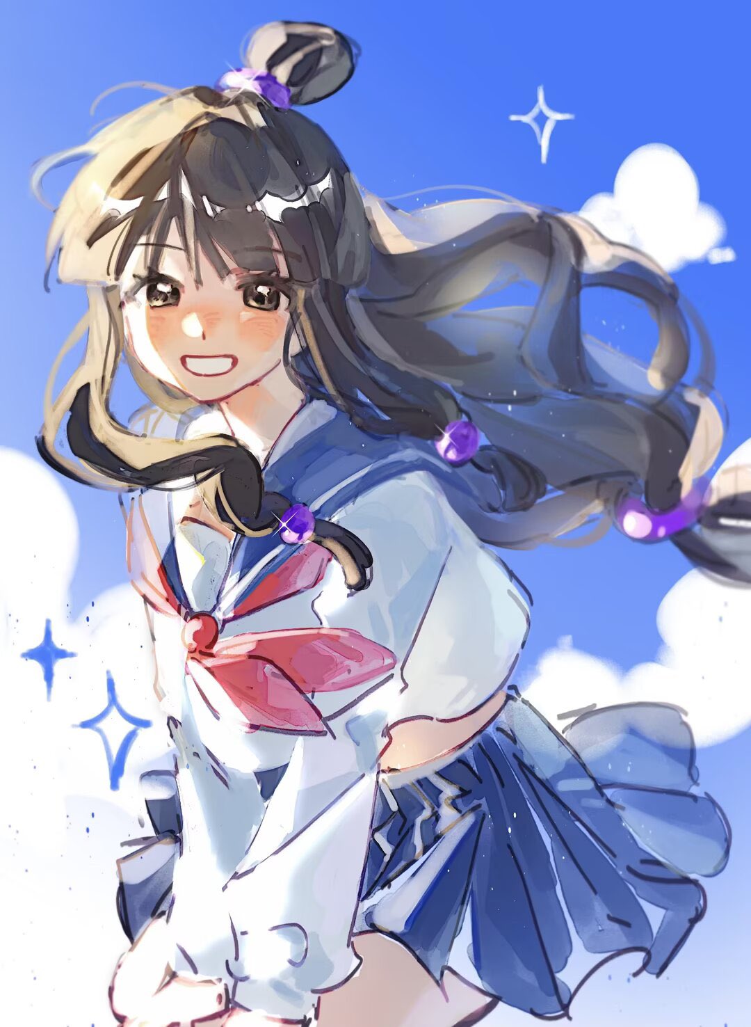 maya fey, ace attorney, hashtag-only commentary, highres, 1girl, alternate costume, ascot, black hair, blue sailor collar, blue skirt, blue sky, brown eyes, cloud, grin, hair ornament, long hair, long sidelocks, looking at viewer, low-tied long hair, low-tied sidelocks, mashu mianbao, miniskirt, pleated skirt, red ascot, ring hair ornament, sailor collar, school uniform, shirt, sidelocks, skirt, sky, smile, solo, sphere hair ornament, topknot, white shirt