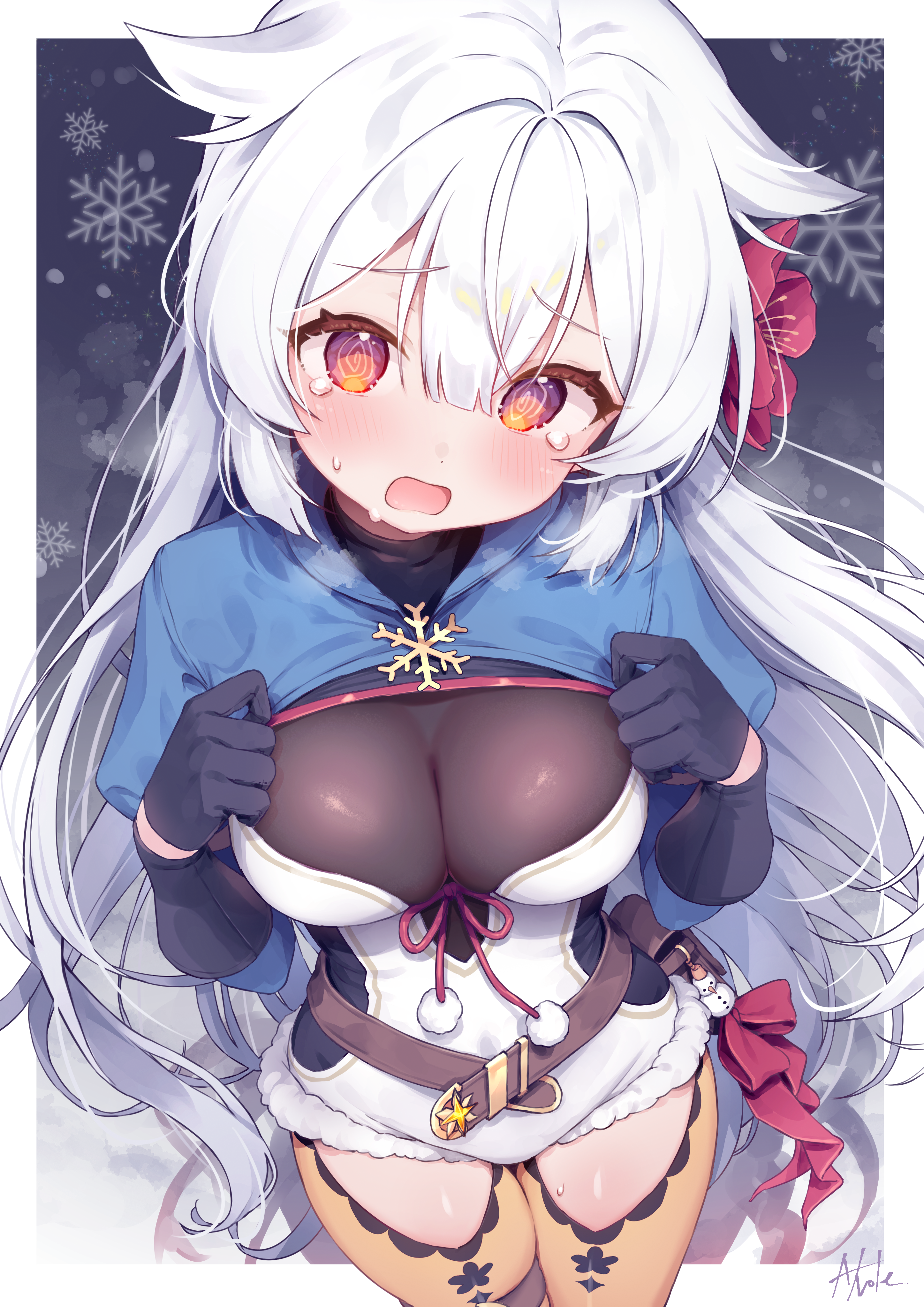 e-note, fuyuka (stella sora), stella sora, absurdres, commentary request, highres, 1girl, @ @, animal ears, artist name, belt, belt pouch, black gloves, blush, bodystocking, border, breasts, breath, brown belt, charm (object), cleavage, clothing cutout, flower, fur-trimmed leotard, fur trim, gloves, grey background, hair between eyes, hair flower, hair ornament, hands on own chest, hands up, leotard, long hair, long sleeves, looking at viewer, medium breasts, open mouth, orange eyes, pantyhose, pantyhose cutout, pom pom (clothes), pouch, see-through cleavage, see-through clothes, shrug (clothing), sidelocks, snow, snowflake ornament, snowflakes, snowing, snowman, solo, standing, tearing up, thighs, very long hair, white border, white hair