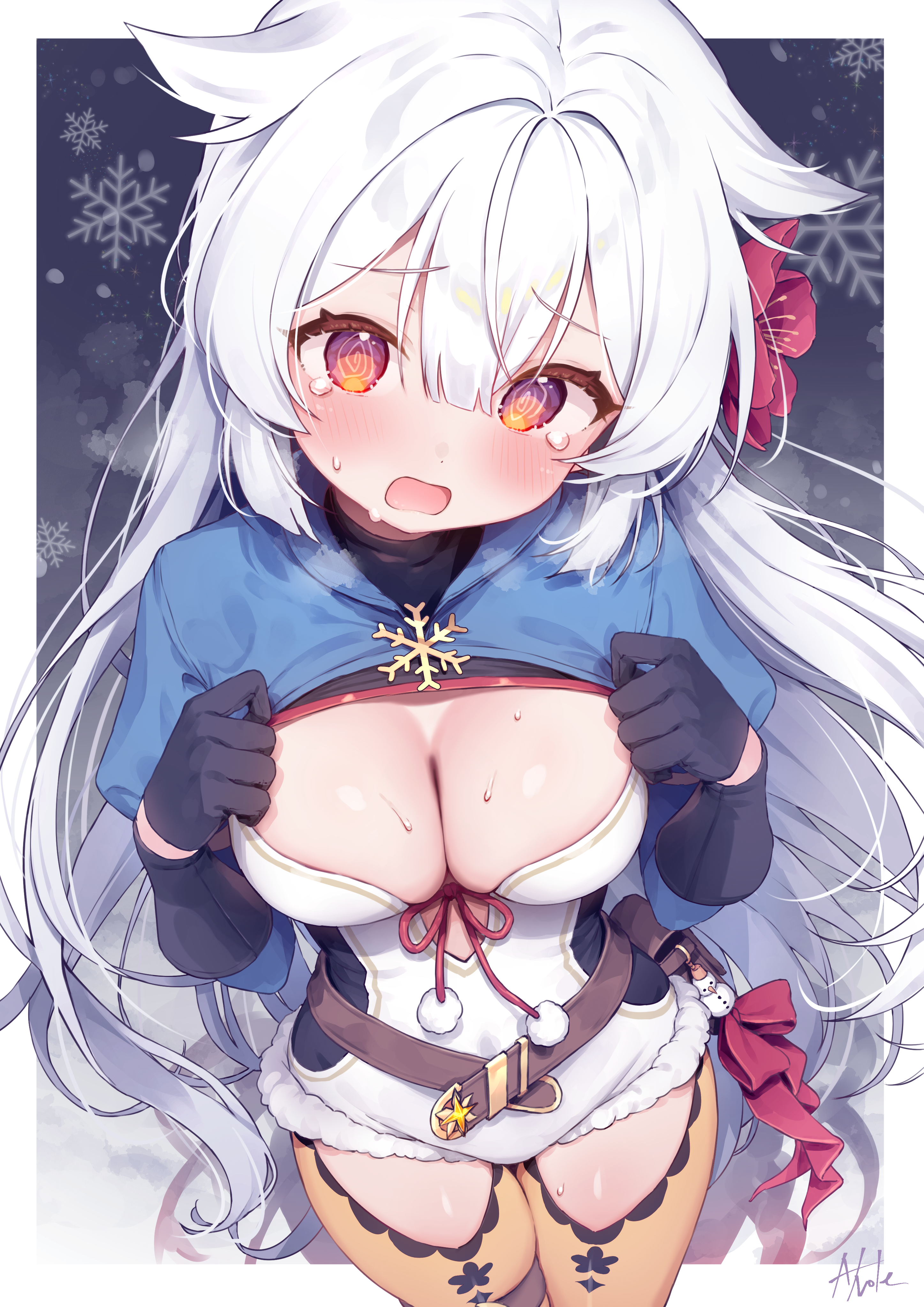 e-note, fuyuka (stella sora), stella sora, absurdres, commentary request, highres, 1girl, @ @, animal ears, artist name, belt, belt pouch, black gloves, blush, border, breasts, breath, brown belt, charm (object), cleavage, clothing cutout, flower, fur-trimmed leotard, fur trim, gloves, grey background, hair between eyes, hair flower, hair ornament, hands on own chest, hands up, leotard, long hair, long sleeves, looking at viewer, medium breasts, open mouth, orange eyes, pantyhose, pantyhose cutout, pom pom (clothes), pouch, shrug (clothing), sidelocks, snow, snowflake ornament, snowflakes, snowing, snowman, solo, standing, tearing up, thighs, very long hair, white border, white hair