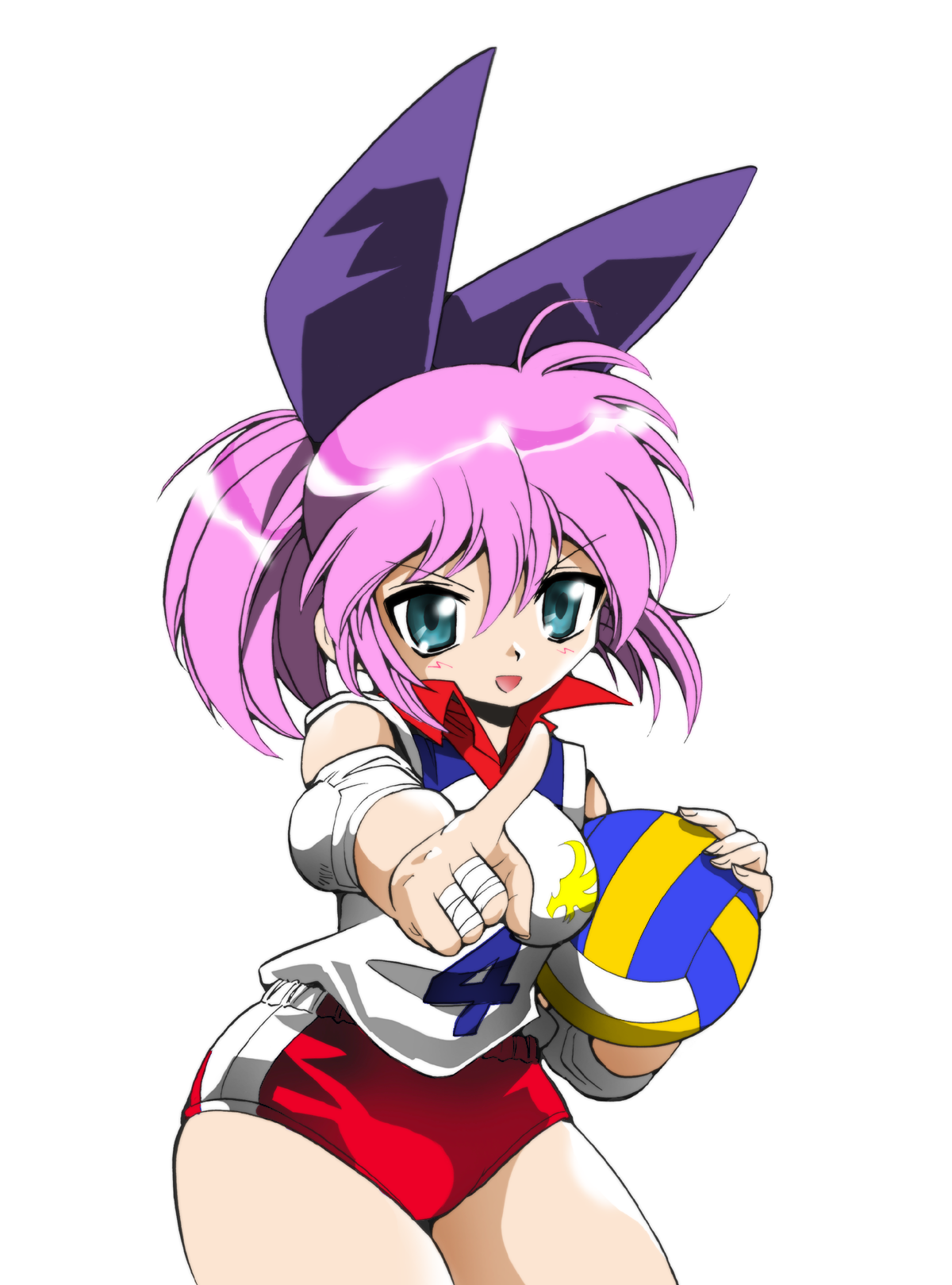 shirai sanjirou, tsubame (jyobare), jyobare, highres, recolor, 1girl, :d, ball, bandaged fingers, bandages, blue eyes, blush, buruma, cowboy shot, elbow pads, female focus, gym shirt, gym uniform, hair ornament, holding, holding ball, looking at viewer, open mouth, pink hair, pointing, pointing at viewer, red buruma, shirt, short sleeves, simple background, smile, solo, standing, volleyball (object), white background, white shirt