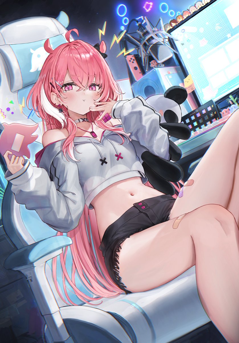 miruto netsuki, sasaki saku, nijisanji, commentary request, highres, 1girl, :t, ahoge, bandaid on thigh, bare shoulders, black shorts, breasts, chair, choker, computer, crop top, cutoffs, dog tags, drawstring, earrings, frown, gaming chair, hair ears, hair ornament, hairclip, hand up, holding, jewelry, knee up, long hair, long sleeves, looking at viewer, microphone, midriff, multicolored hair, navel, off-shoulder shirt, off shoulder, pink eyes, pink hair, pout, shirt, short shorts, shorts, sitting, small breasts, solo, stomach, streaked hair, studio microphone, swivel chair, tearing up, thighs, very long hair, virtual youtuber, white choker, white shirt