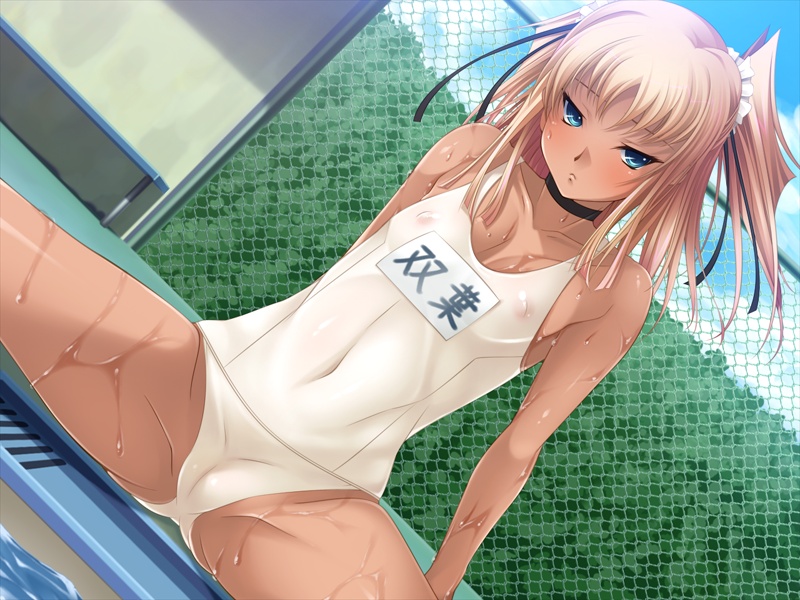 aoi nagisa (metalder), futaba lili ramses, tentacle and witches, 1girl, blonde hair, blue eyes, blush, breasts, cameltoe, choker, covered erect nipples, dark skin, female focus, flat chest, nipples, one-piece swimsuit, outdoors, school swimsuit, see-through clothes, sitting, small breasts, solo, spread legs, swimsuit, tan, wet