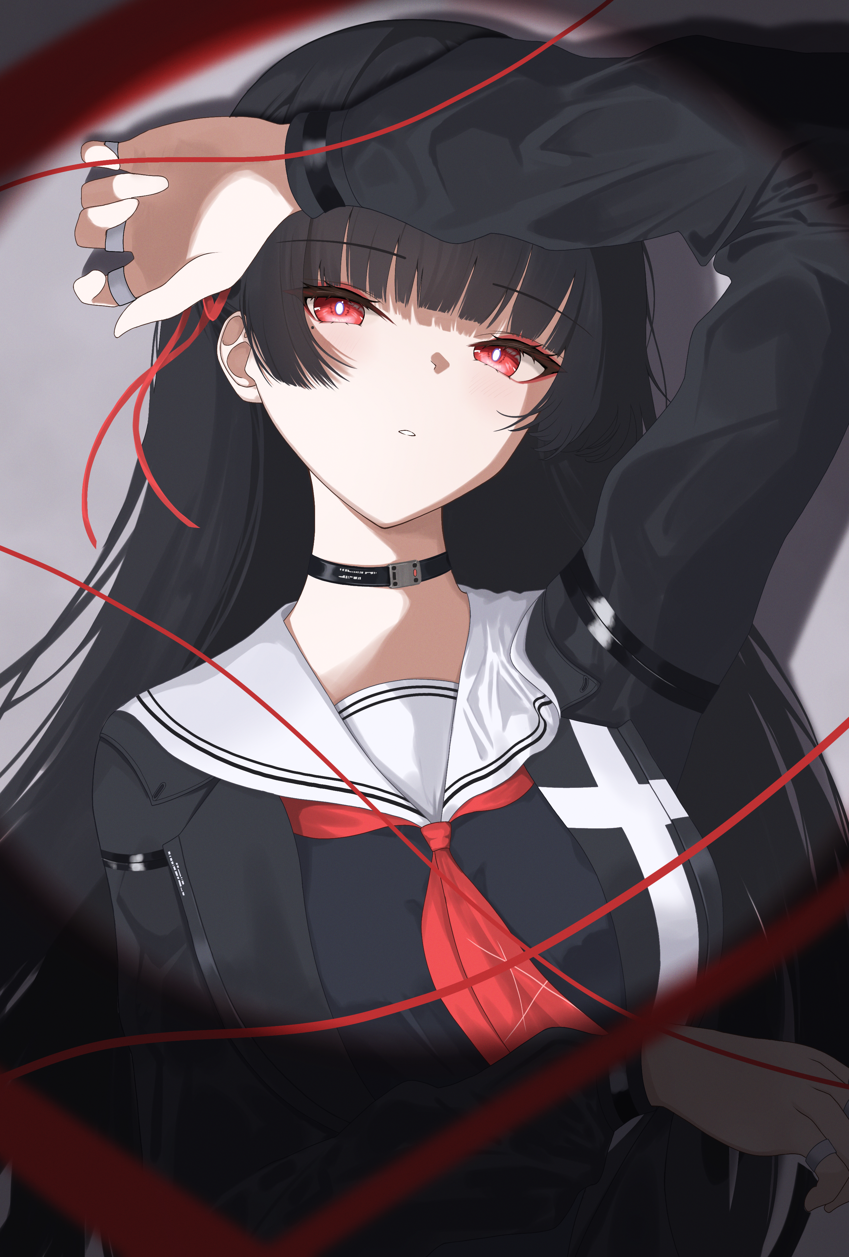 nanashi1329, chisa (wuthering waves), wuthering waves, absurdres, commentary, highres, 1girl, arm up, black choker, black hair, black jacket, black shirt, blunt bangs, breasts, bright pupils, choker, hair ribbon, jacket, long hair, medium breasts, mole, mole under eye, neckerchief, parted lips, red eyes, red neckerchief, red ribbon, ribbon, sailor collar, shirt, solo, upper body, white pupils, white sailor collar