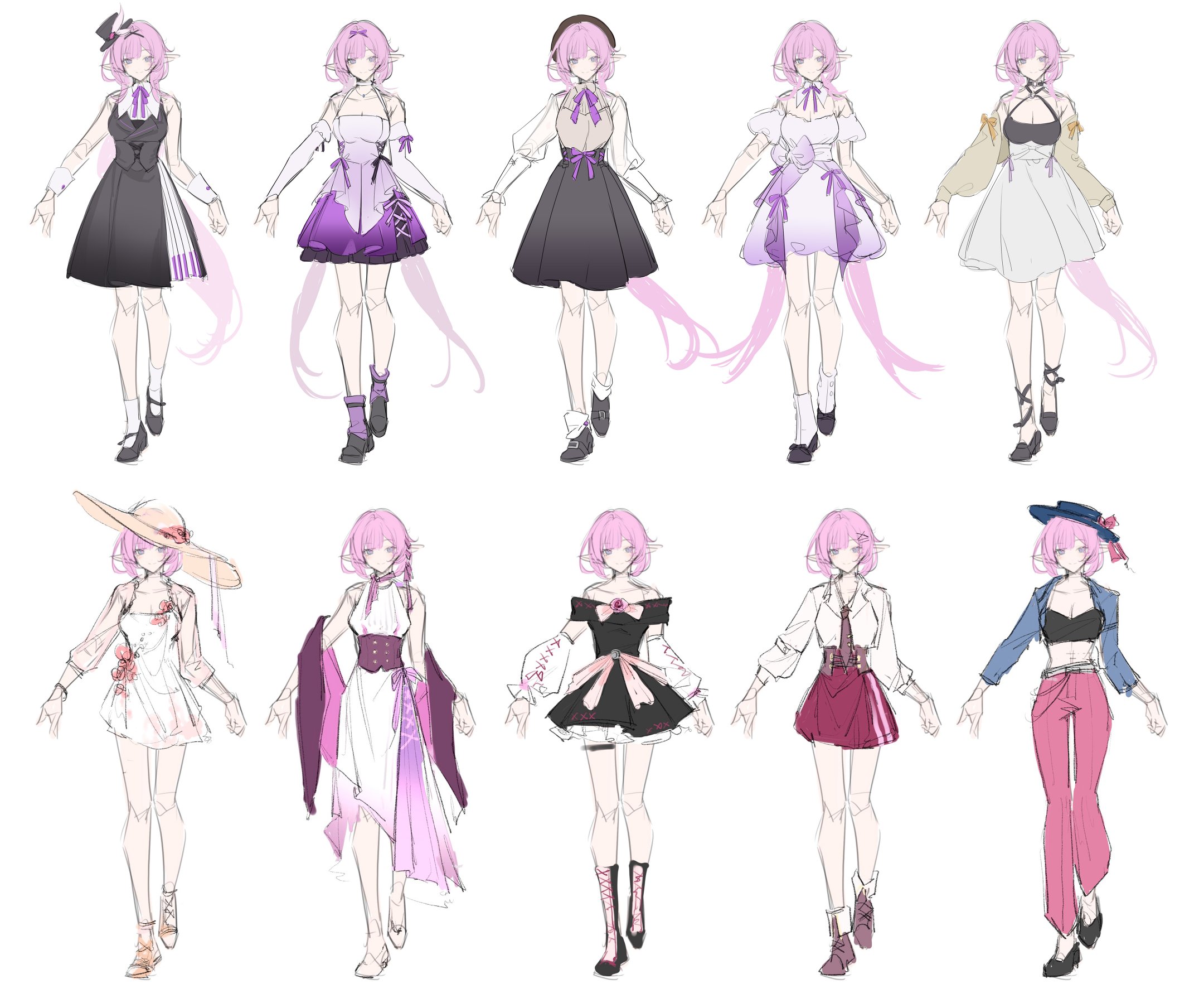 sang sha, elysia (honkai impact), honkai (series), honkai impact 3rd, commentary, english commentary, highres, 1girl, alternate costume, bare shoulders, beret, black dress, black hat, black headband, black shoes, black skirt, blue eyes, blue hat, bow, bowtie, breasts, brown cardigan, brown shirt, cardigan, cleavage, collar, corset, crop top, detached collar, detached sleeves, dress, elf, hair ribbon, hat, hat ornament, headband, layered dress, layered skirt, long dress, long hair, low ponytail, low twintails, mini hat, multiple views, necktie, open cardigan, open clothes, pants, pink hair, pink pants, pointy ears, ponytail, puffy short sleeves, puffy sleeves, purple bow, purple bowtie, purple ribbon, purple skirt, red skirt, reference sheet, ribbon, sandals, shirt, shoes, short dress, short hair, short sleeves, simple background, sketch, skirt, smile, sun hat, twintails, very long hair, white background, white collar, white dress, white shirt, white sleeves, white wrist cuffs, wrist cuffs