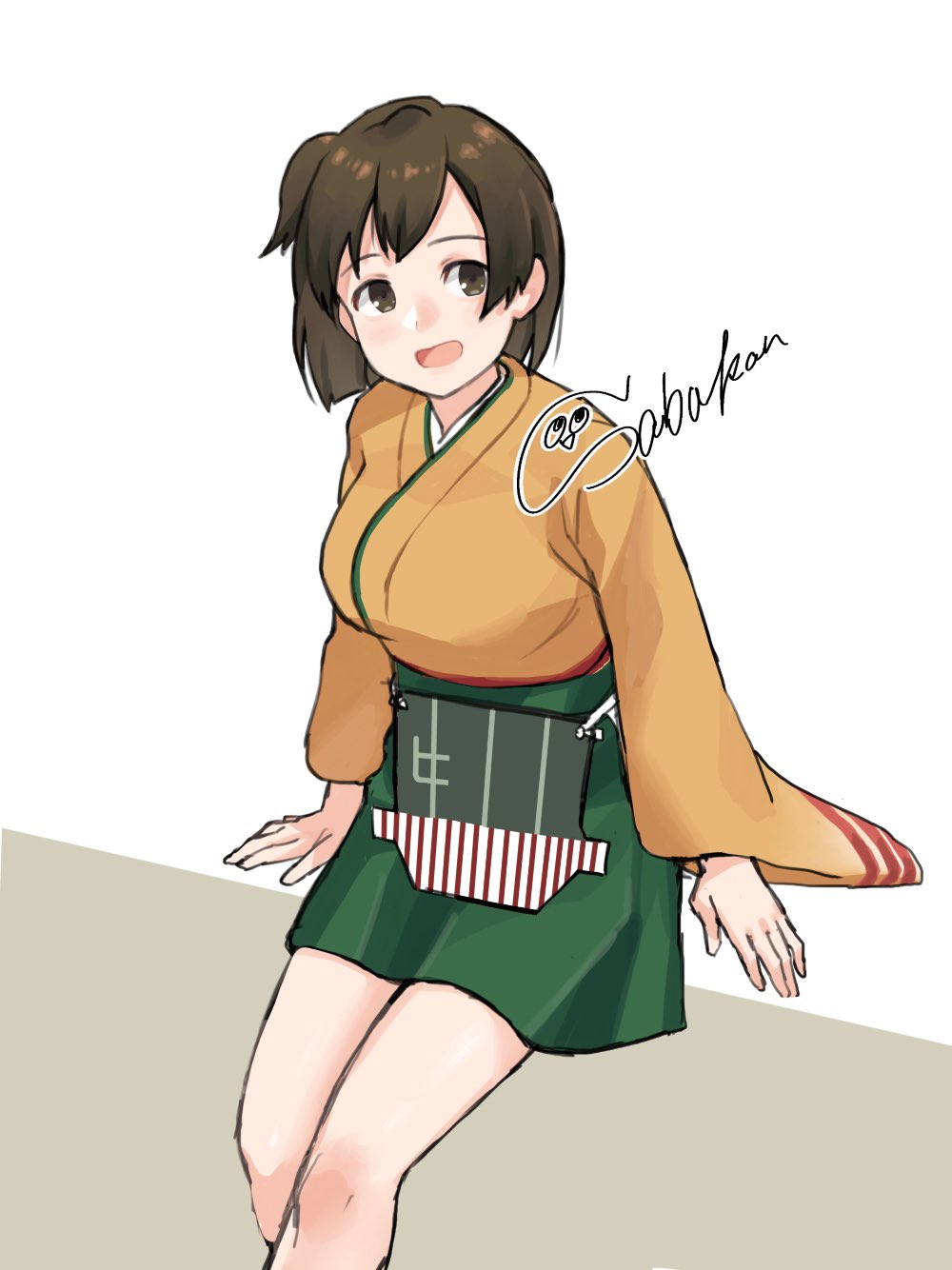 hiryuu (kancolle), kantai collection, commentary, highres, 1girl, :d, breasts, brown eyes, brown hair, flight deck, green hakama, green skirt, hakama, hakama short skirt, hakama skirt, japanese clothes, kimono, large breasts, looking at viewer, open mouth, orange kimono, sabakanbasupisu, short hair, side ponytail, signature, simple background, sitting, skirt, smile, solo, white background