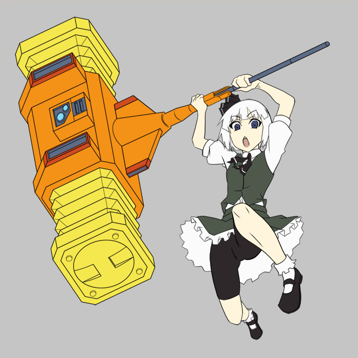 kondou mu, tanabe kyou, gaogaigar, konpaku youmu, touhou, yuusha ou gaogaigar, yuusha series, 1girl, bike shorts, female focus, goldion hammer, grey background, hammer, looking at viewer, oversized object, parody, short hair, simple background, solo, white hair