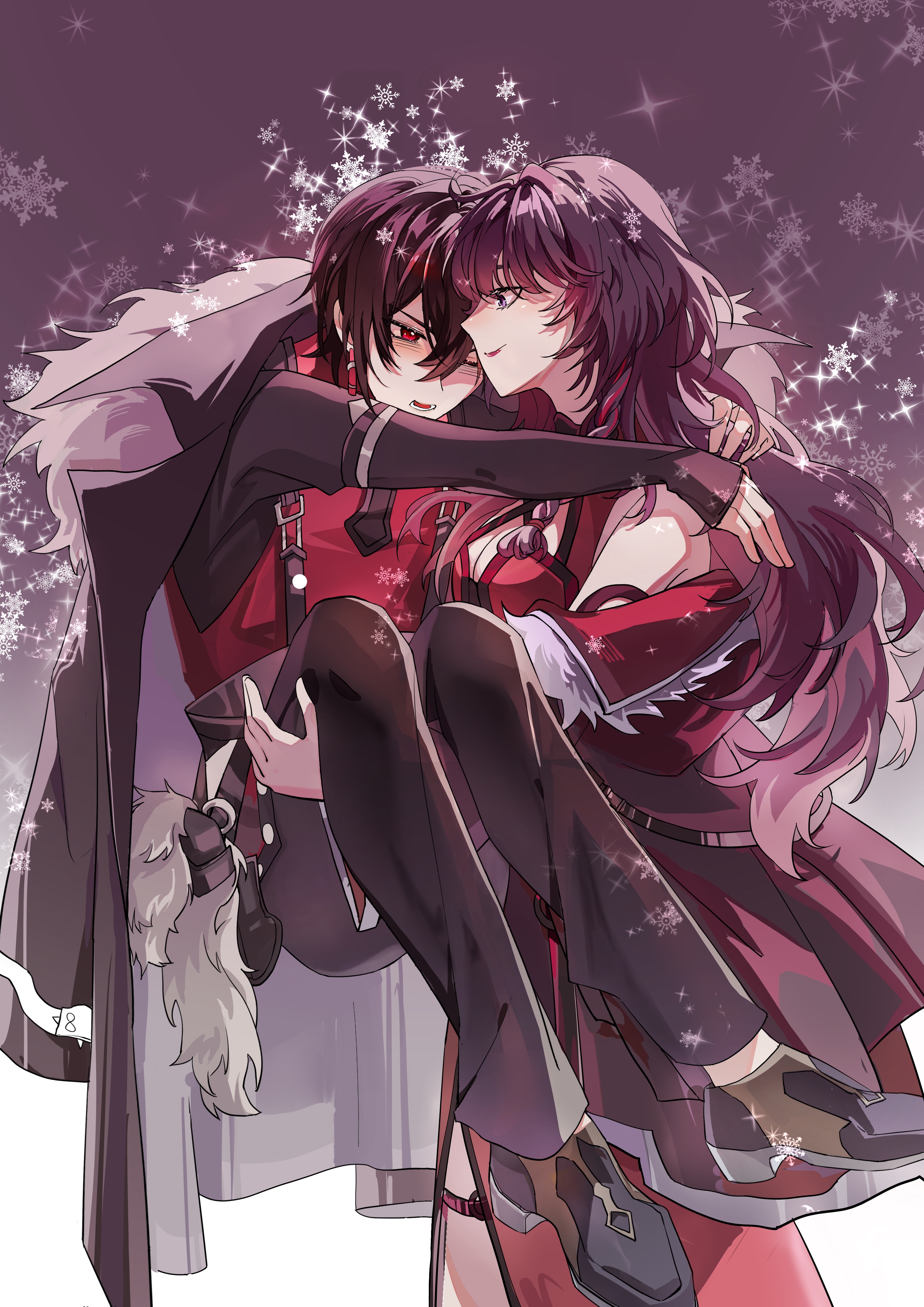 ayn alwyn, ayn alwyn (awakening), heroine (lovebrush chronicles), lovebrush chronicles, absurdres, chinese commentary, commentary request, highres, 1boy, 1girl, arms around neck, bare shoulders, belt charm, black background, black coat, black hair, black jacket, black pants, black shirt, black shoes, braid, breasts, carrying, charm (object), china dress, chinese clothes, cleavage, closed mouth, coat, coat on shoulders, cowboy shot, criss-cross halter, dress, earrings, eye contact, from side, full body, fur-trimmed coat, fur trim, gradient background, grimace, hair between eyes, halterneck, jacket, jewelry, long sleeves, looking at another, male focus, off shoulder, official alternate costume, one eye closed, pants, parted lips, princess carry, profile, purple eyes, red dress, red eyes, red lips, red vest, reverse princess carry, shirt, shoes, short hair, side braid, sleeveless, sleeveless dress, sleeves past wrists, smile, snowflake background, snowflakes, standing, suspenders, thigh strap, vest, white background, zhuo nian