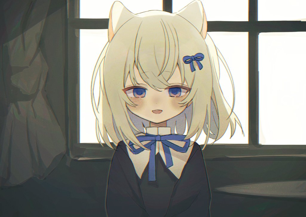 sayonaka (vtuber), indie virtual youtuber, hashtag-only commentary, 1girl, animal ears, arazan (ara arazan24), backlighting, black dress, blue eyes, blue ribbon, blush, cat ears, collar, contrast collar, curtains, dress, hair between eyes, hair ornament, hair ribbon, indoors, medium hair, neck ribbon, open mouth, ribbon, solo, straight-on, teeth, upper body, upper teeth only, white collar, white hair, window