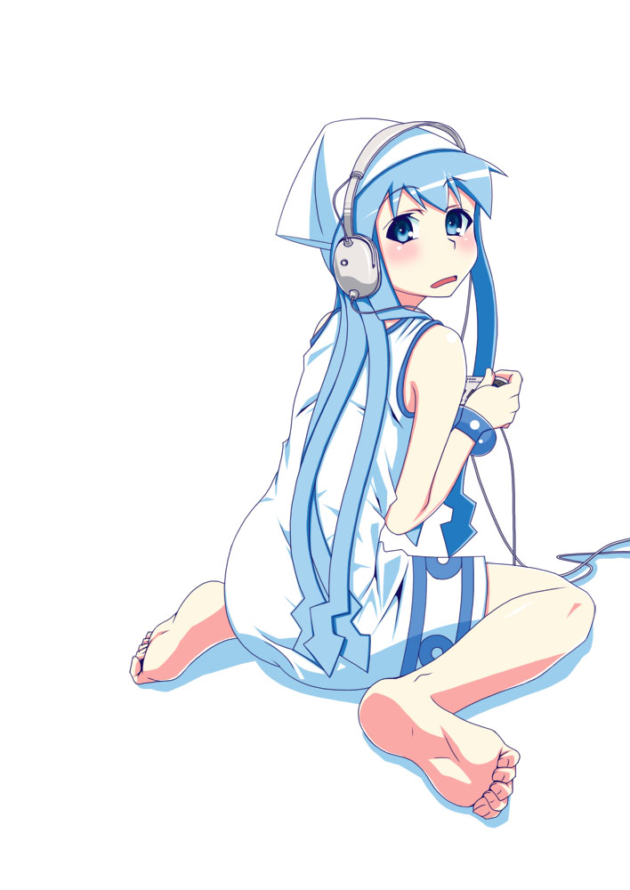 kondou mu, tanabe kyou, ikamusume, shinryaku! ikamusume, super famicom, 1girl, barefoot, blue eyes, blue hair, dress, feet, female focus, game console, hat, headphones, kneeling, long hair, looking back, matching hair/eyes, playing games, sitting, soles, solo, squid, toe scrunch, toes, video game, wariza