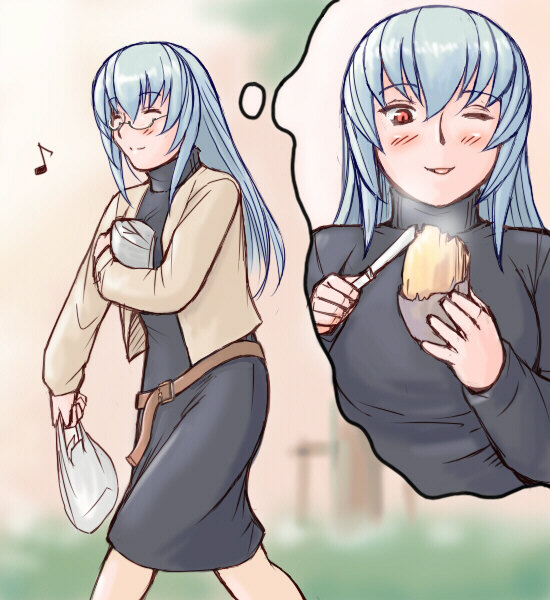 tsuda nanafushi, suigintou, rozen maiden, silver hair, 00s, 1girl, aged up, belt, casual, food, glasses, groceries, imagining, knife, musical note, one eye closed, red eyes, smile, wink