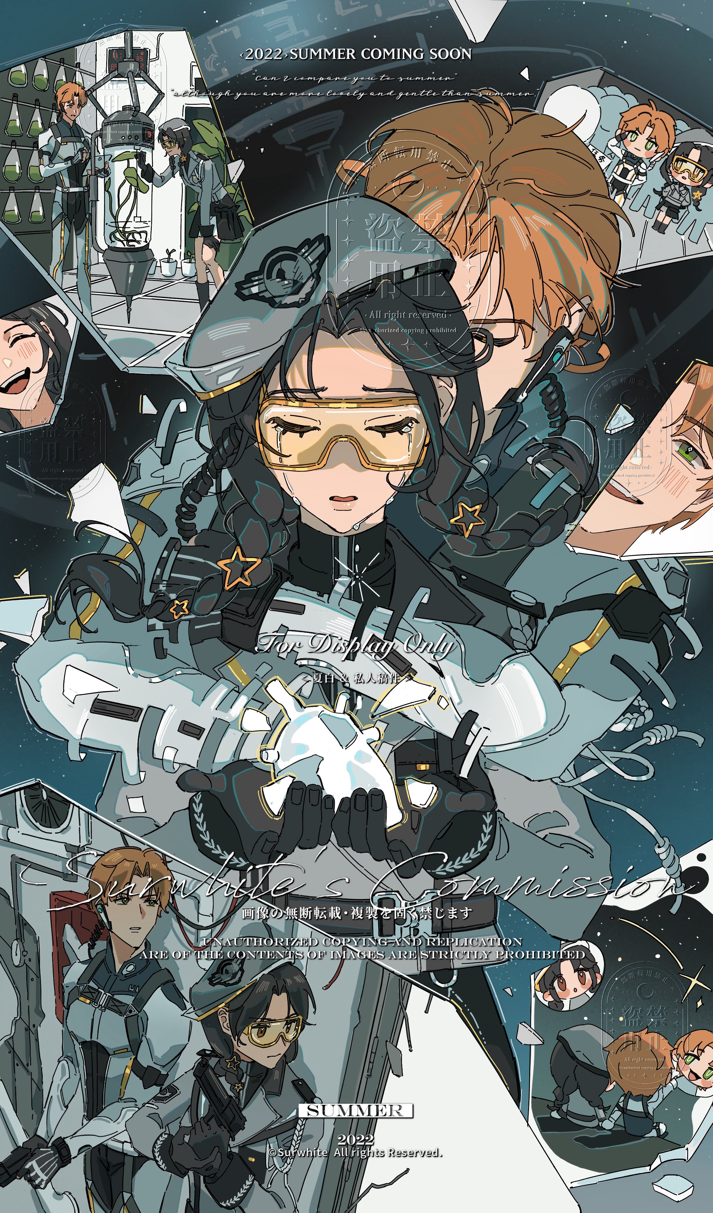 absurdres, highres, black hair, blonde hair, closed eyes, crying, flat color, goggles, green eyes, hat, multiple views, orange hair, xiabai