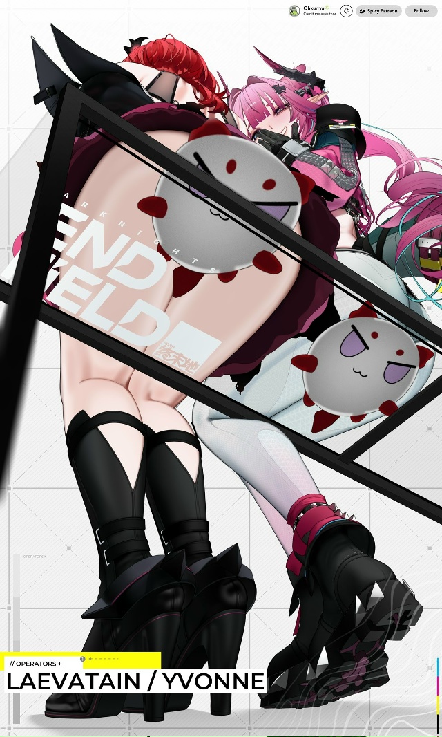 ohkurrva, laevatein (arknights), nian (arknights), surtr (arknights), yvonne (arknights), arknights, arknights: endfield, commentary, hashtag-only commentary, 2girls, aqua hair, black boots, boots, character name, copyright name, dragon bubble (arknights), from below, grin, hair intakes, high heel boots, high heels, horns, invisible chair, kneepits, long hair, multicolored hair, multiple girls, pants, pink hair, pointy ears, red hair, sitting, smile, two-tone hair, white pants