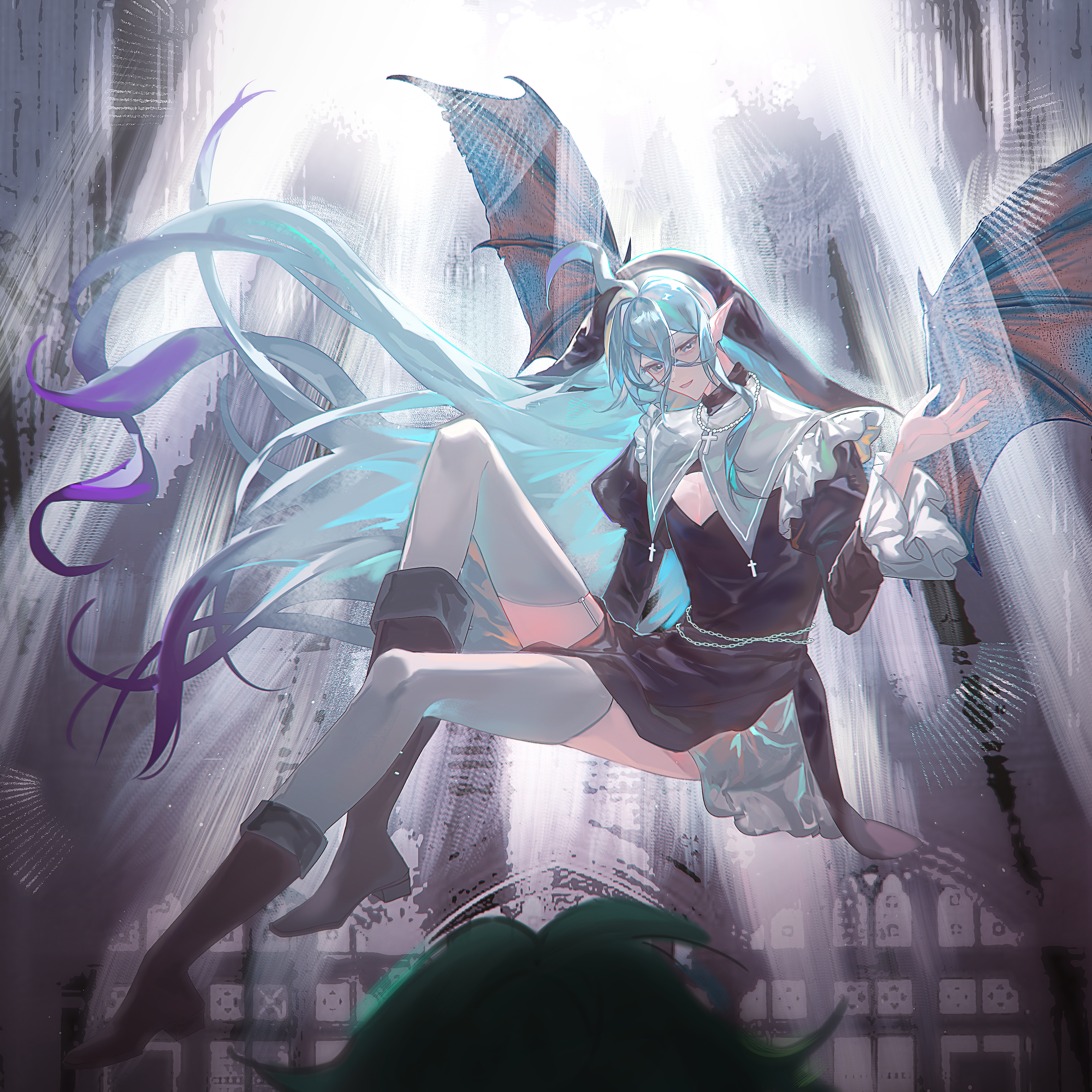 siiiiiiiiiii, gatling pea (plants vs. zombies), shadow peashooter (plants vs. zombies), plants vs. zombies, plants vs. zombies 2, absurdres, chinese commentary, commentary request, highres, 2boys, ahoge, backlighting, bead necklace, beads, black boots, black dress, black veil, black wings, blue eyes, blue hair, boots, chain, chain belt, chromatic aberration, cleavage cutout, clothing cutout, colored tips, cross, cross necklace, crossdressing, crossdressing (mtf), crossed bangs, demon wings, double-parted bangs, dress, frilled sleeves, frills, garter straps, green hair, grey background, hair between eyes, hand up, hat, high heel boots, high heels, huge ahoge, jewelry, juliet sleeves, knee boots, knee up, light particles, long hair, long legs, long sleeves, looking at another, male focus, multicolored hair, multiple boys, necklace, nun, open mouth, pelvic curtain, personification, petticoat, pointy ears, puffy sleeves, purple hair, short dress, sidelocks, simple background, sitting, smile, solo focus, spotlight, thighhighs, trap, turtleneck, turtleneck dress, two-tone hair, veil, very long hair, white thighhighs, wind, wings, zettai ryouiki