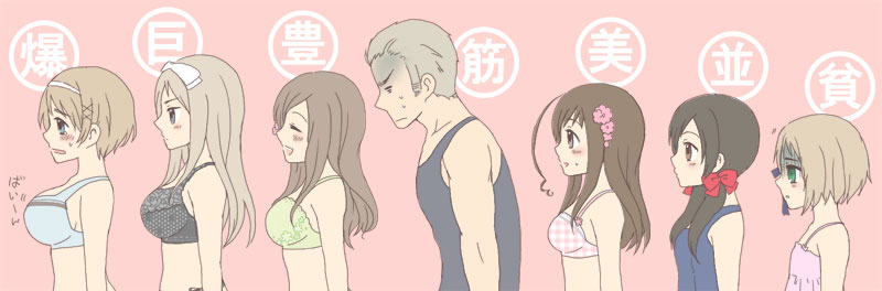 kuno1, sky (kuno1), belarus (hetalia), germany (hetalia), hungary (hetalia), liechtenstein (hetalia), seychelles (hetalia), taiwan (hetalia), ukraine (hetalia), axis powers hetalia, bad id, bad pixiv id, translated, 00s, 6+girls, blonde hair, blush, bra, breasts, brown hair, bust chart, chart, comparison, hair ribbon, large breasts, lingerie, medium breasts, multiple girls, profile, ribbon, small breasts, underwear