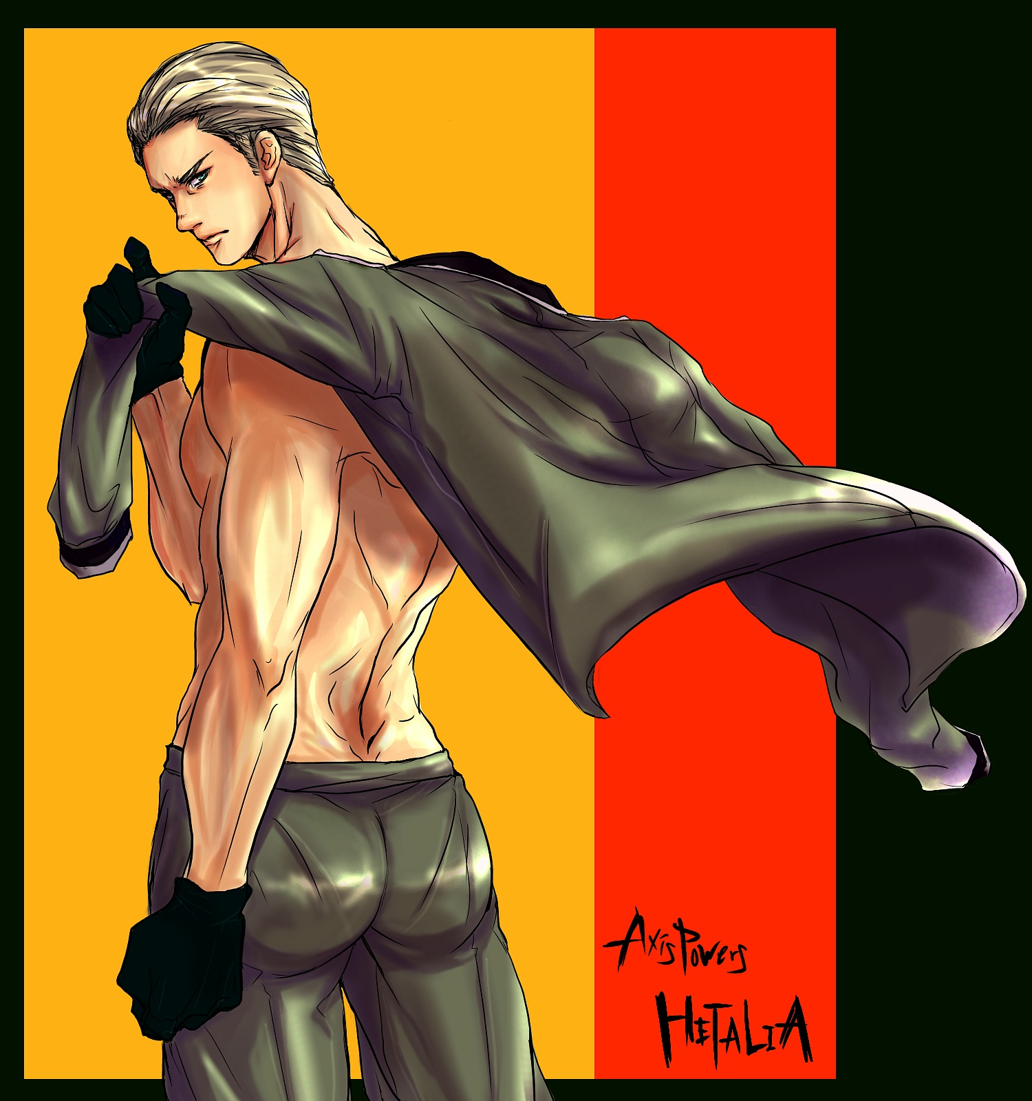 tokotoko, germany (hetalia), axis powers hetalia, highres, 00s, 1boy, abs, ass, blonde hair, blue eyes, flag, germany, gloves, hair slicked back, looking back, male focus, manly, military, military uniform, muscular, short hair, sideburns, solo, topless male