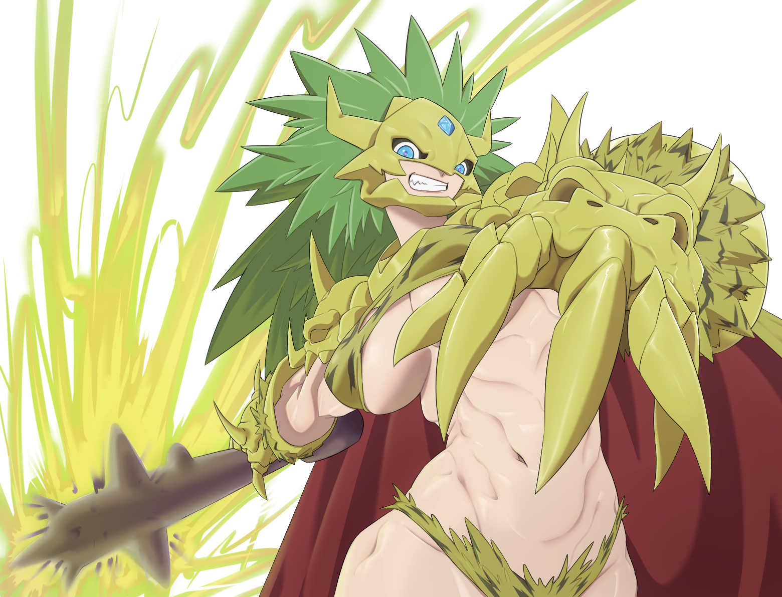 taira (tairamon), kinkakumon, digimon, digimon (creature), horns, long hair, mask, muscular, muscular female