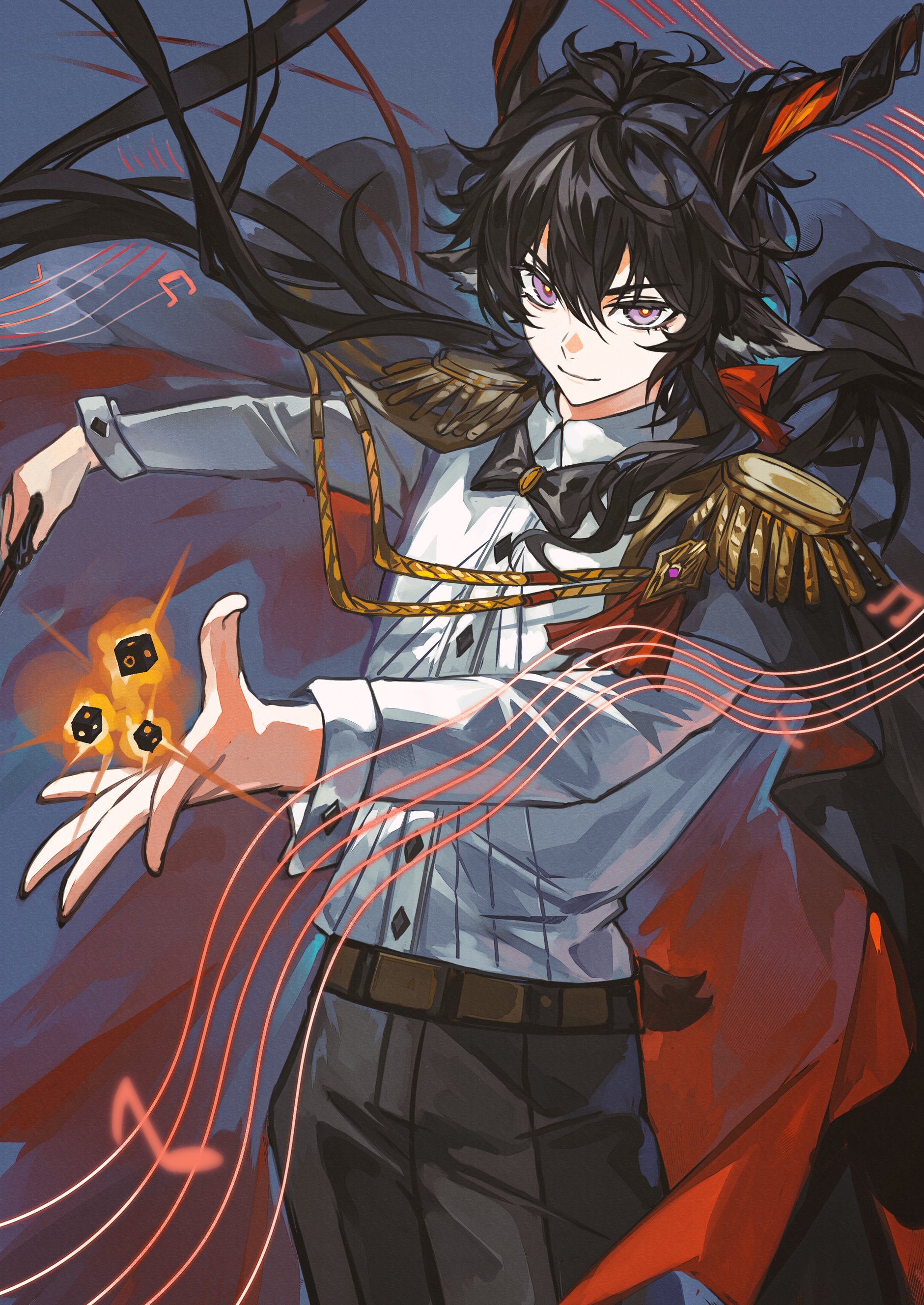 cen (acheng02806053), ebenholz (arknights), arknights, absurdres, hashtag-only commentary, highres, 1boy, aiguillette, animal ears, beamed eighth notes, belt, black bow, black bowtie, black cape, black hair, black pants, bow, bowtie, brown belt, buttons, cape, closed mouth, collared shirt, dice, epaulettes, holding, horns, long hair, long sleeves, looking at viewer, magic, male focus, musical note, musical staff, orange cape, pants, pink eyes, shirt, solo, traditional bowtie, two-sided cape, two-sided fabric, white shirt
