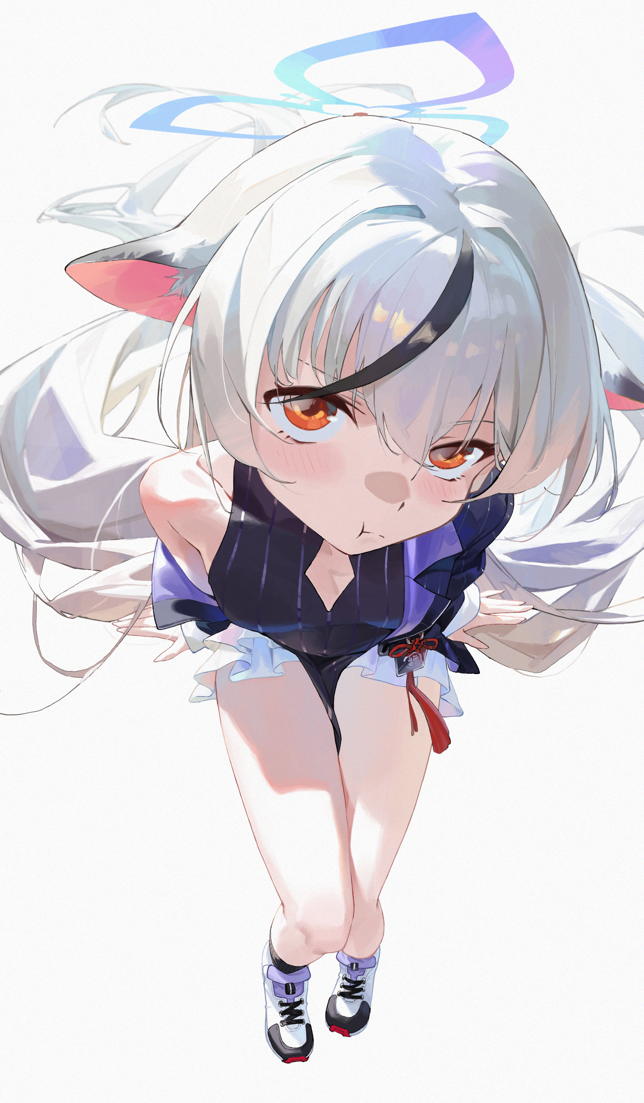li-mi, kokona (blue archive), blue archive, absurdres, commentary request, highres, 1girl, :t, animal ear fluff, bare legs, black socks, blue halo, breasts, china dress, chinese clothes, cleavage cutout, clothing cutout, dress, frills, from above, grey hair, hair between eyes, halo, jacket, long hair, looking up, multicolored hair, open clothes, open jacket, orange eyes, pinstripe pattern, shoes, single bare shoulder, single off shoulder, small breasts, sneakers, socks, streaked hair, tassel, very long hair