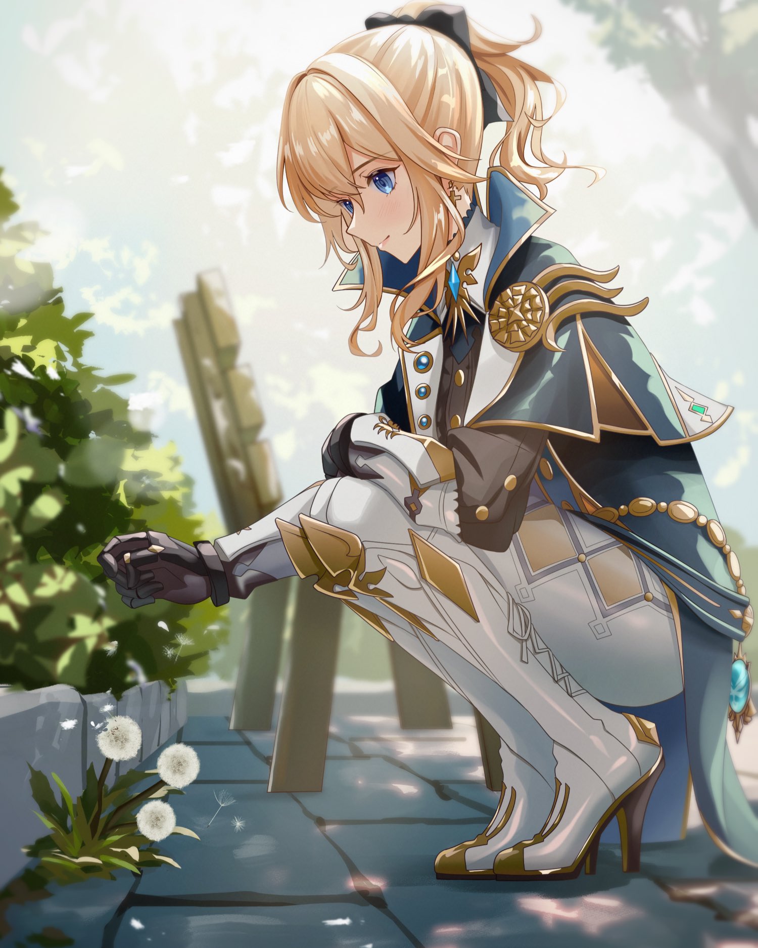 mon-chan, jean (genshin impact), jean (gunnhildr's legacy) (genshin impact), genshin impact, commentary, highres, 1girl, armored boots, black bow, black gauntlets, black shirt, blonde hair, blue capelet, blue eyes, boots, bow, capelet, cross, cross earrings, dandelion, dandelion seed, earrings, flower, hair bow, high heel boots, high heels, jewelry, long hair, official alternate costume, outdoors, pants, ponytail, shirt, sidelocks, smile, solo, squatting, thigh boots, tight clothes, tight pants, white pants