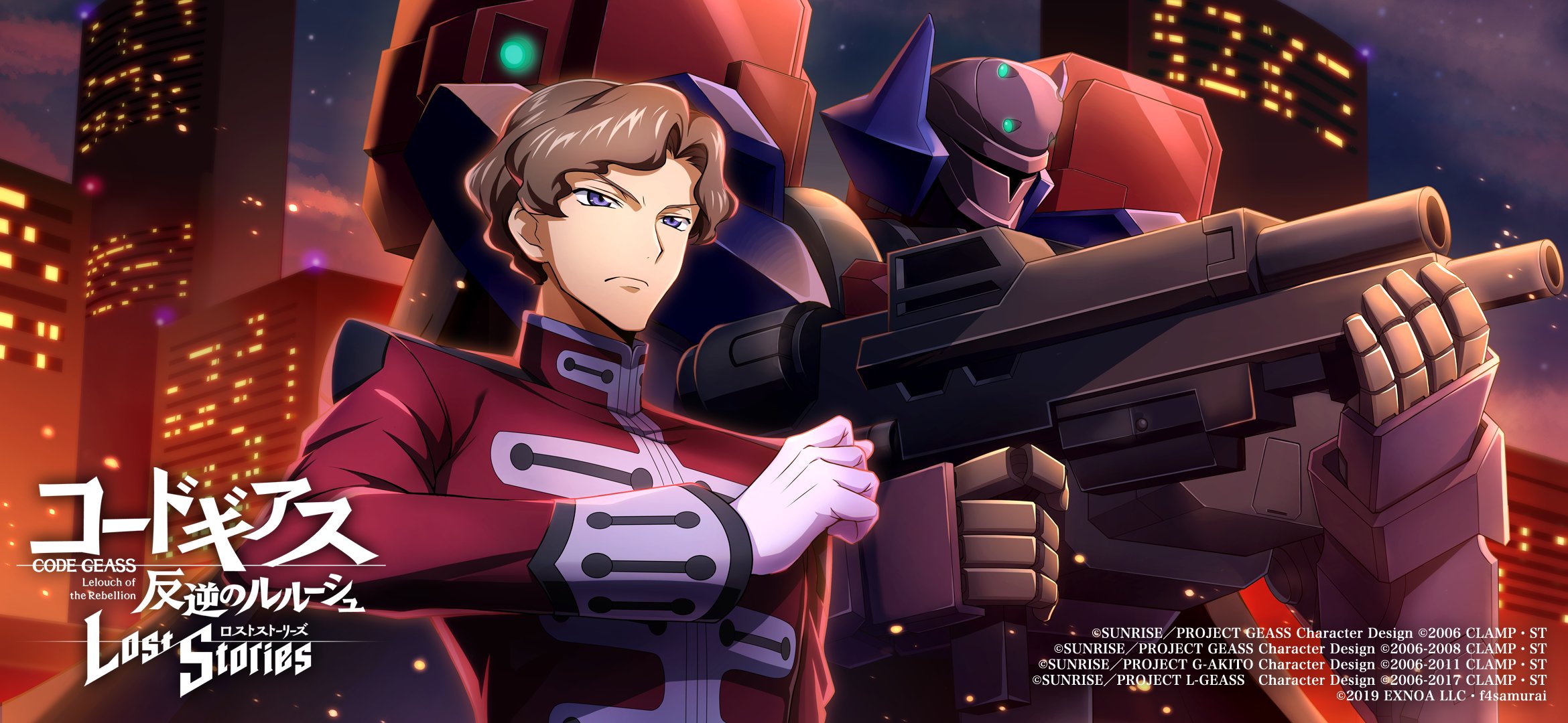 f4samurai, claudio s. darlton, gloucester (code geass), code geass, code geass: lost stories, commentary request, game cg, highres, official art, 1boy, assault rifle, black cape, blue eyes, brown hair, building, cape, city, clenched hand, closed mouth, embers, gloves, gun, hand up, holding, holding gun, holding weapon, jacket, long sleeves, looking afar, male focus, mecha, military uniform, night, outdoors, red jacket, rifle, robot, serious, short hair, skyscraper, solo, standing, two-handed, upper body, weapon, white gloves